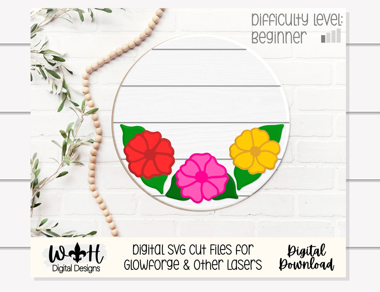 Impatiens Simple Floral Shelf Sitter Sign - Round Sign Making and DIY Kits - Beginner Cut File For Glowforge Lasers - Digital SVG File