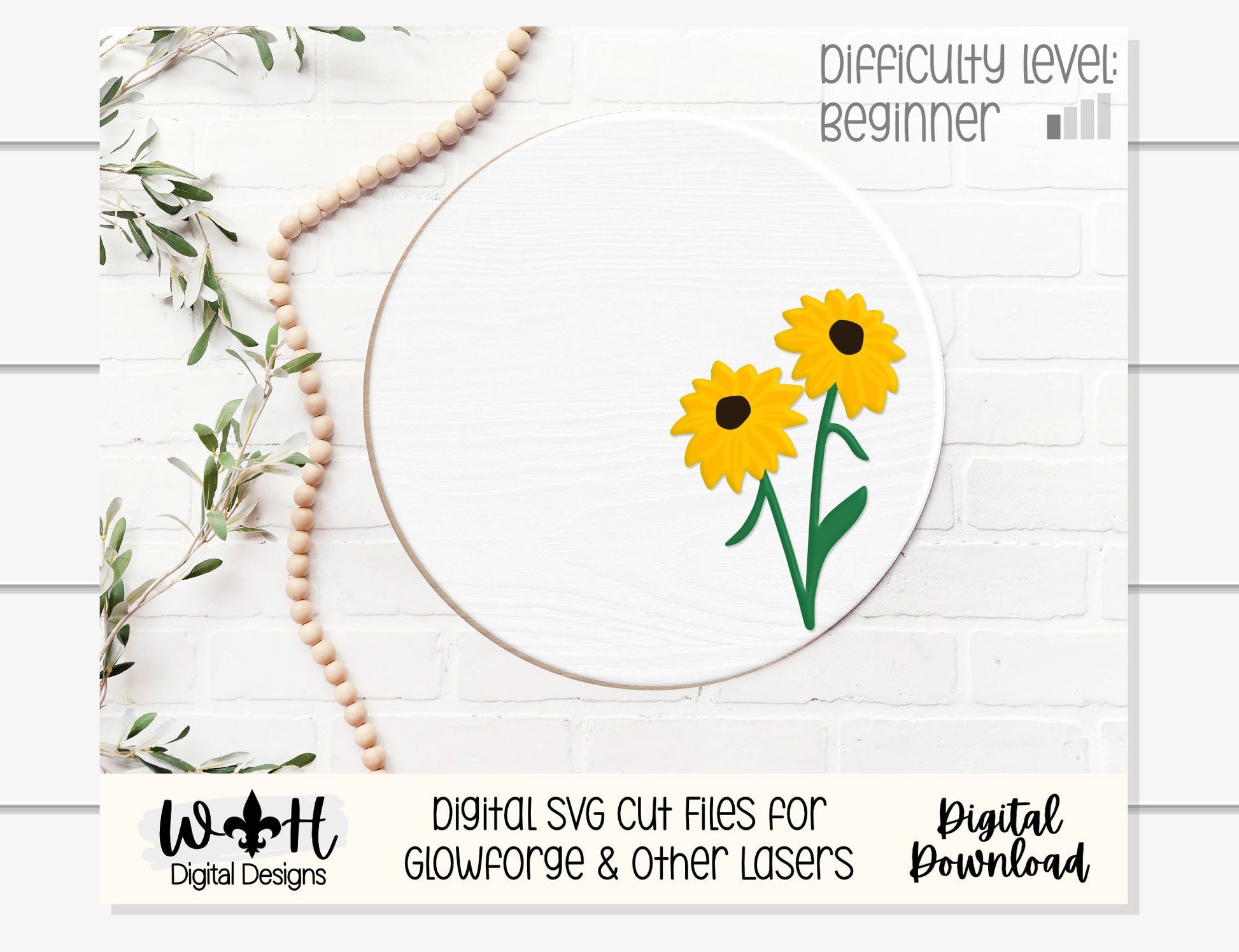 Black Eyed Susan Simple Floral Shelf Sitter - Round Sign Making and DIY Kits - Beginner Cut File For Glowforge Lasers - Digital SVG File