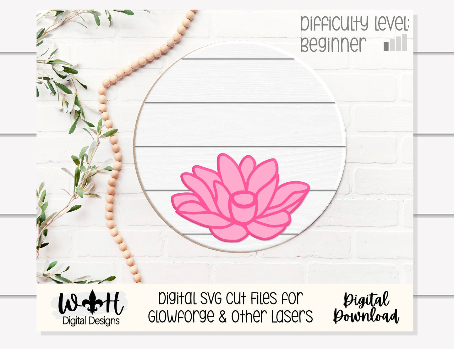Lotus Flower Simple Floral Shelf Sitter Sign - Round Sign Making and DIY Kits - Beginner Cut File For Glowforge Lasers - Digital SVG File