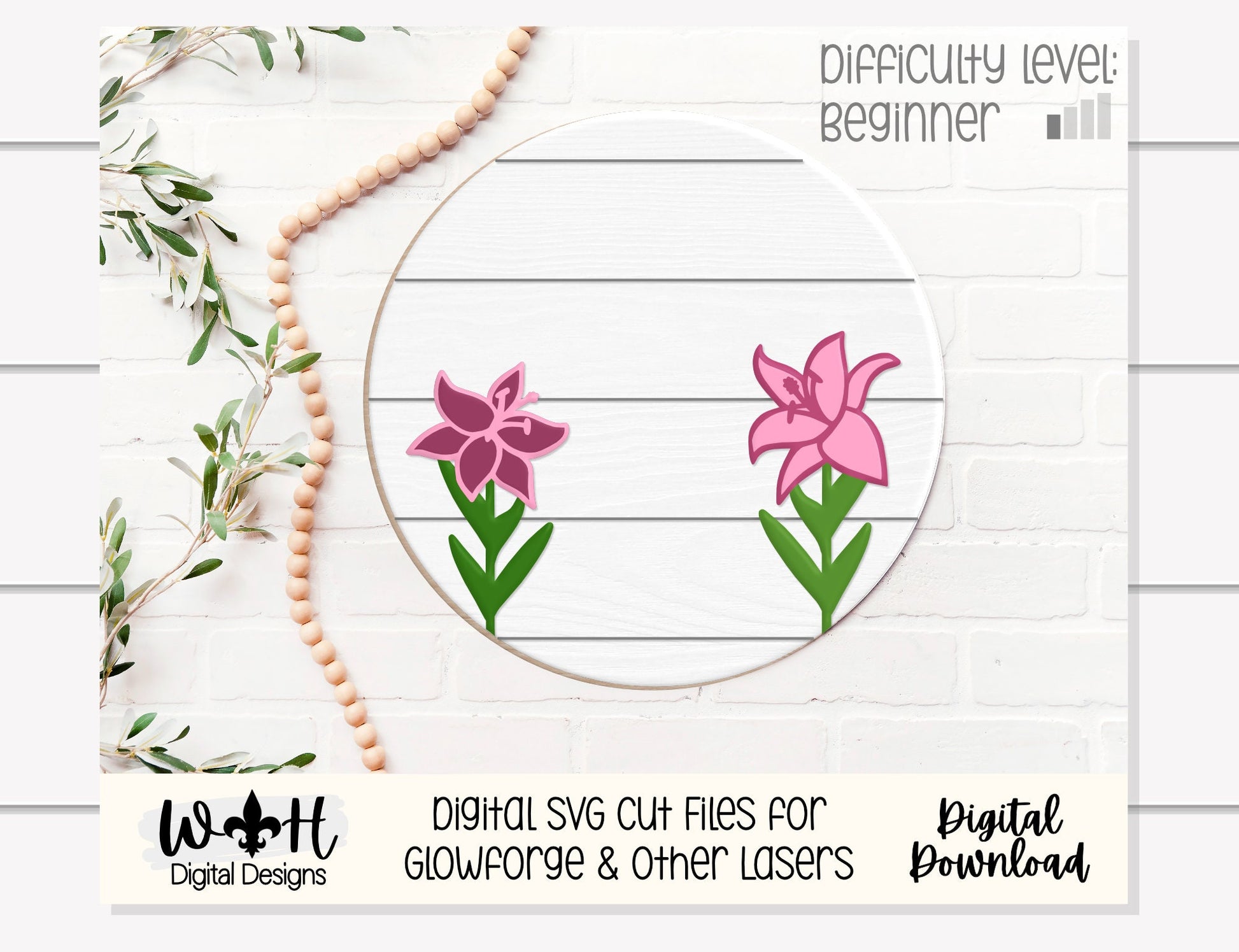 Stargazer Lily Simple Floral Shelf Sitter Sign - Round Sign Making and DIY Kits - Beginner Cut File For Glowforge Lasers - Digital SVG File