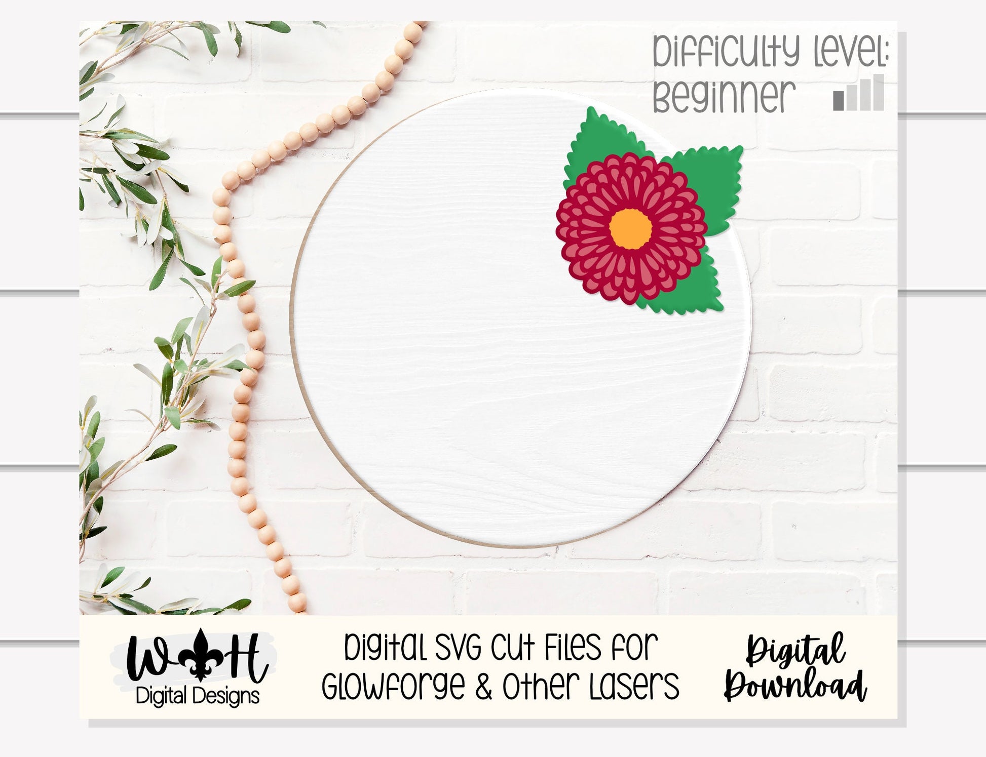 Dahlia Simple Floral Shelf Sitter Sign - Round Sign Making and DIY Kits - Beginner Cut File For Glowforge Lasers - Digital SVG File