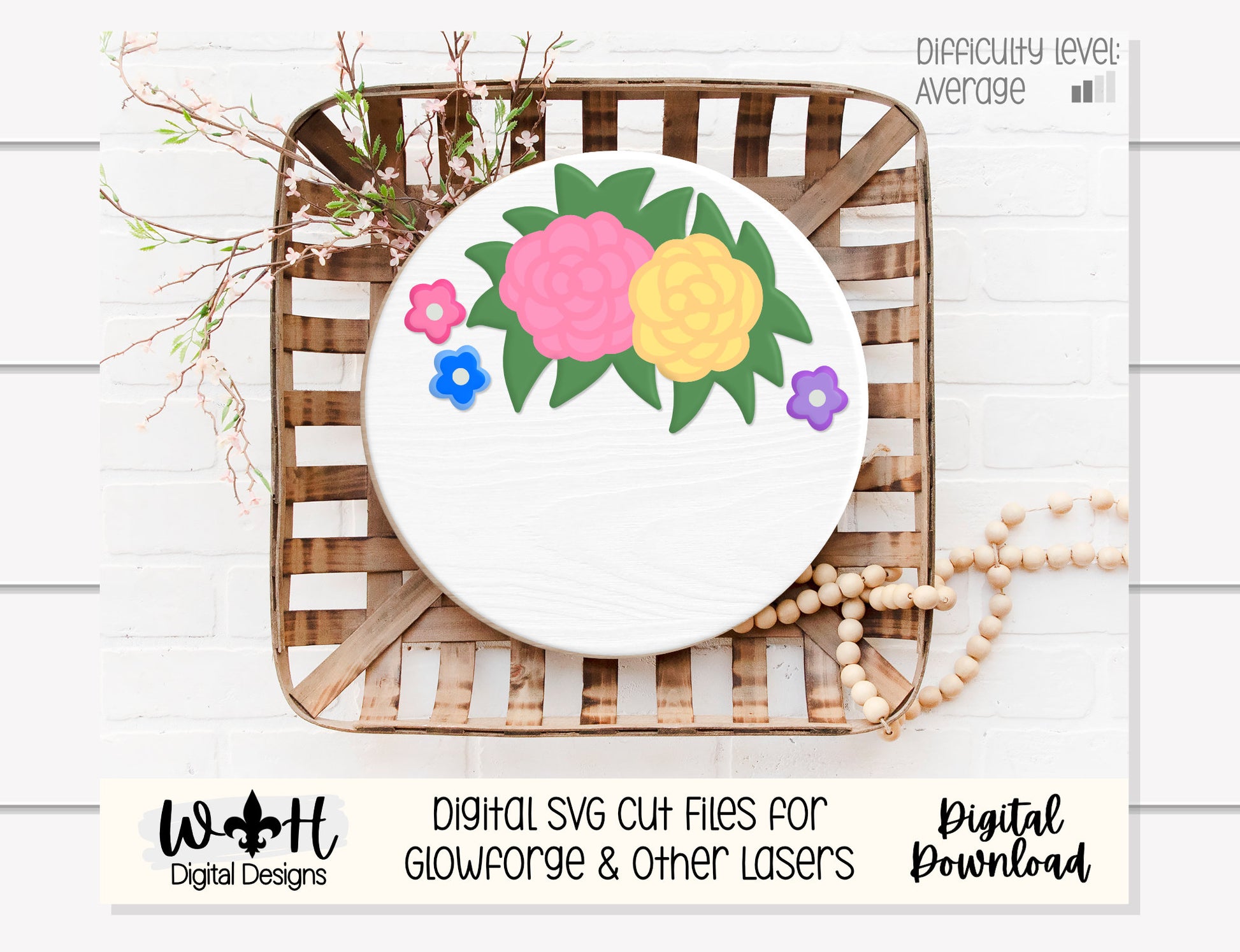 Tropical Summer Roses and Greenery Door Hanger Round - Floral Sign Making and DIY Kits - Cut File For Glowforge Laser - Digital SVG File