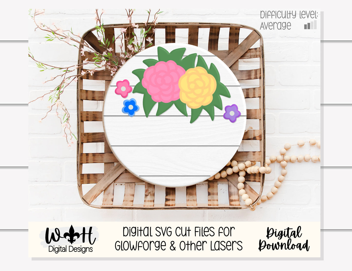 Tropical Summer Roses and Greenery Door Hanger Round - Floral Sign Making and DIY Kits - Cut File For Glowforge Laser - Digital SVG File