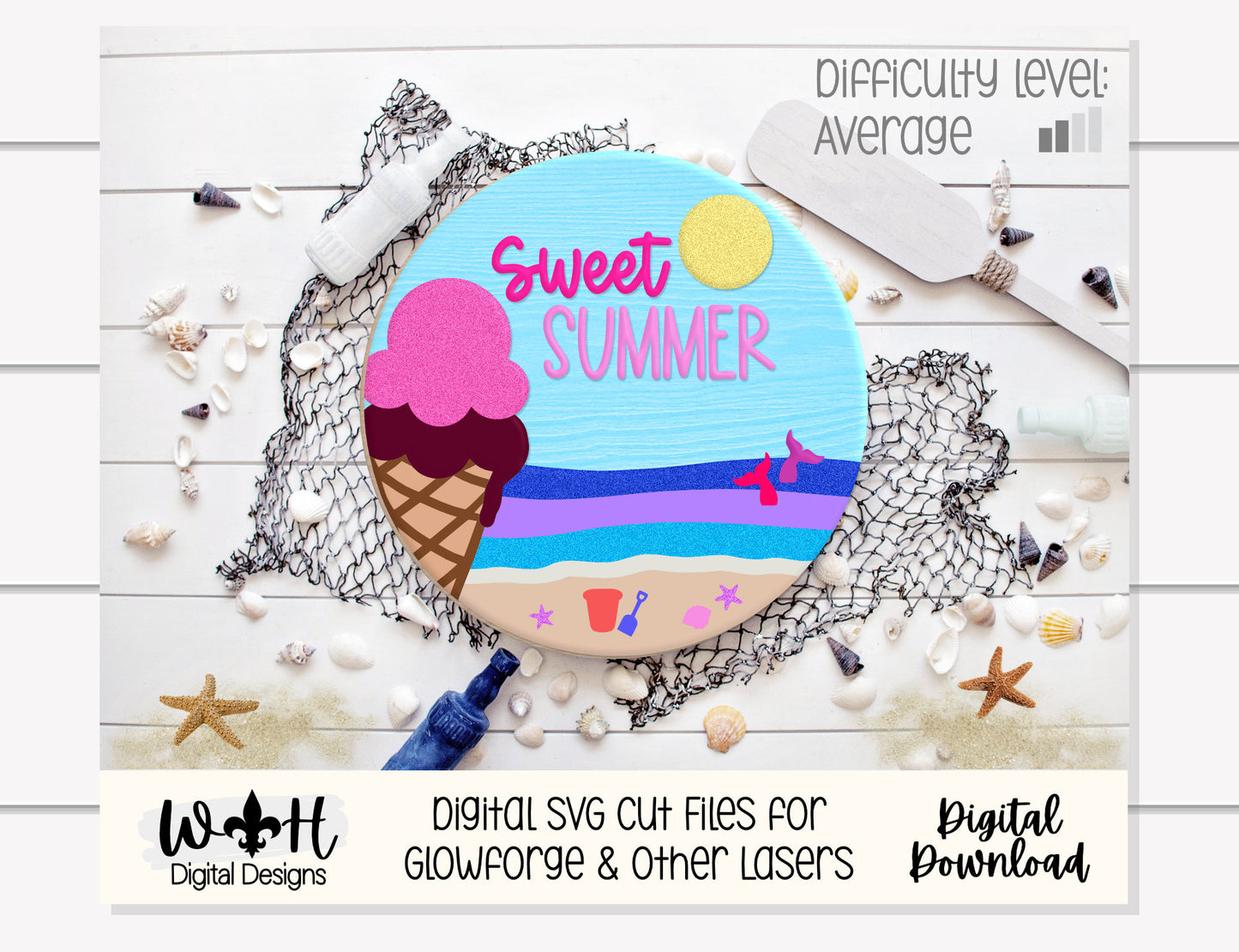 Sweet Summer Ice Cream Cone Beach Door Hanger Round - Sign Making and DIY Kits - Cut File For Glowforge Lasers - Digital SVG File