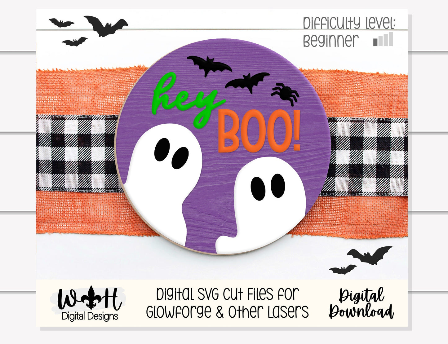 Hey Boo Ghost and Bats Halloween Round - Seasonal Sign Making and DIY Kits - Cut File For Glowforge Lasers - Digital SVG File