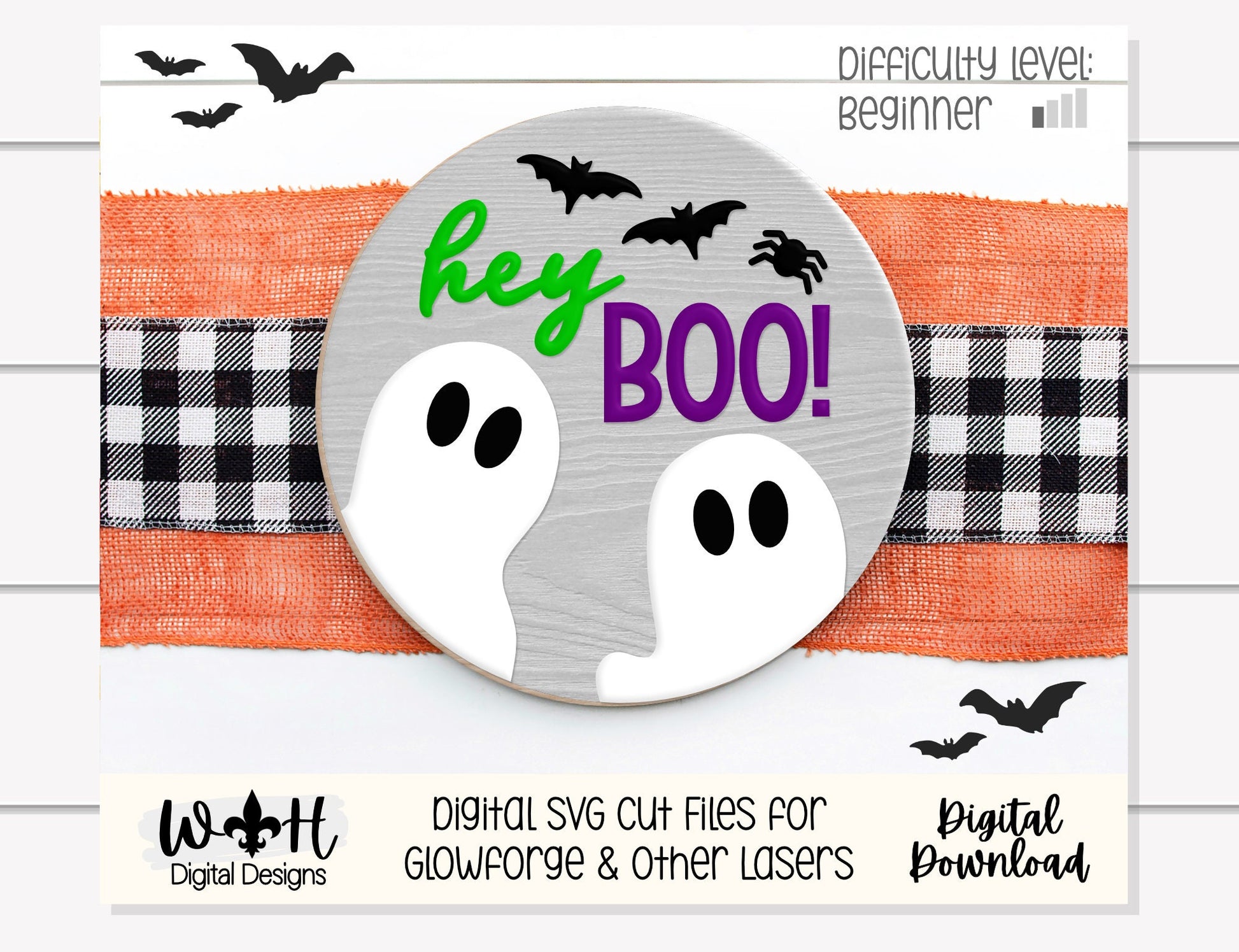 Hey Boo Ghost and Bats Halloween Round - Seasonal Sign Making and DIY Kits - Cut File For Glowforge Lasers - Digital SVG File