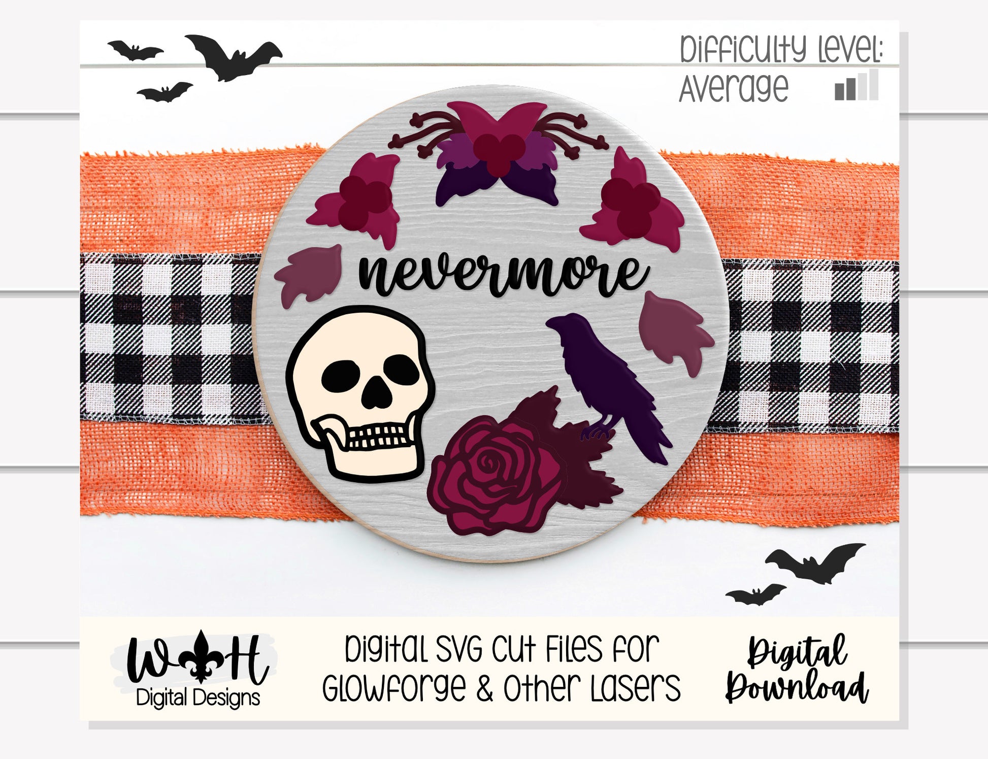 Nevermore Skull and Raven Halloween Door Hanger Round - Seasonal Sign Making and DIY Kits - Cut File For Glowforge Lasers - Digital SVG File