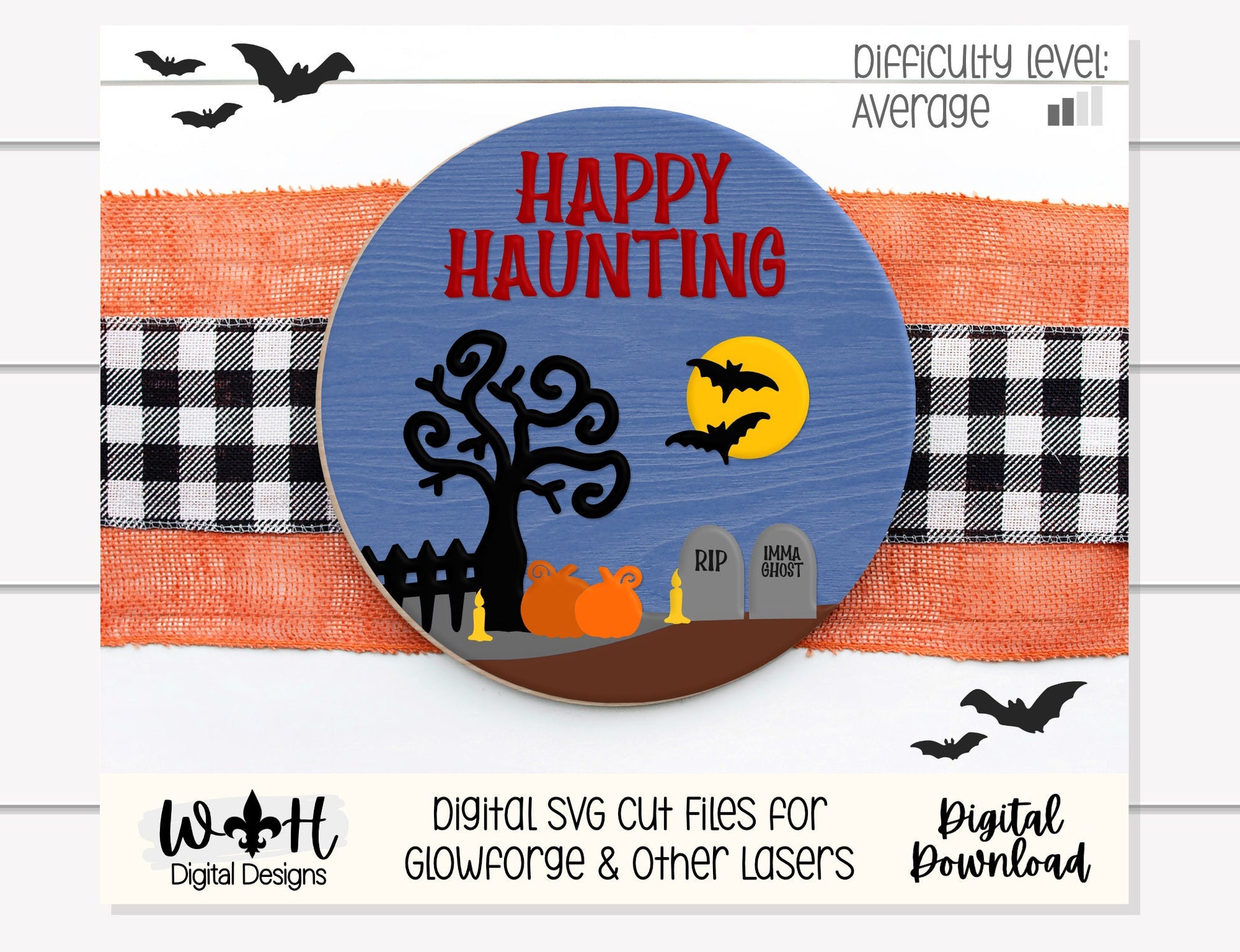 Happy Haunting Graveyard Halloween Door Hanger Round - Seasonal Sign Making and DIY Kits - Cut File For Glowforge Lasers - Digital SVG File