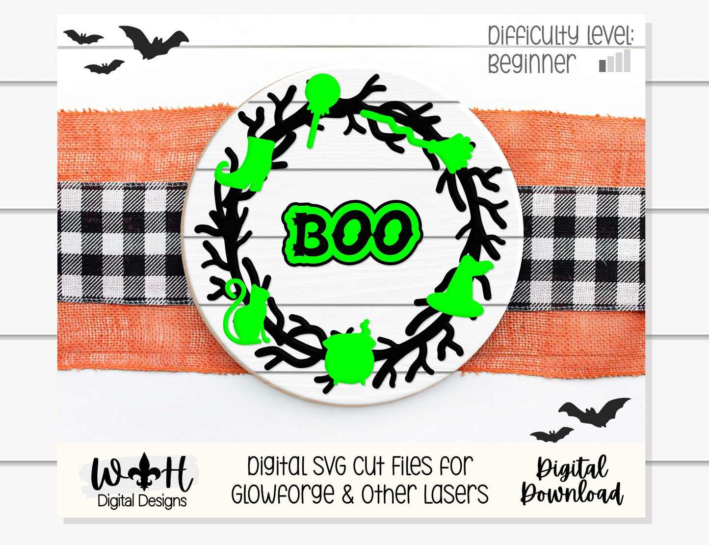 Boo Beware Halloween Wreath Door Hanger Round - Seasonal Sign Making and DIY Kits - Cut File For Glowforge Lasers - Digital SVG File