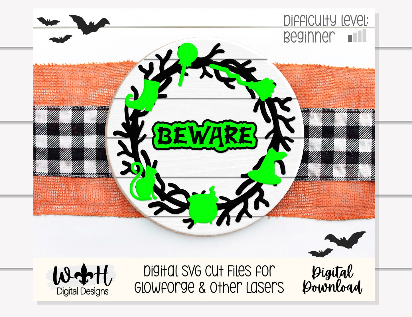 Boo Beware Halloween Wreath Door Hanger Round - Seasonal Sign Making and DIY Kits - Cut File For Glowforge Lasers - Digital SVG File