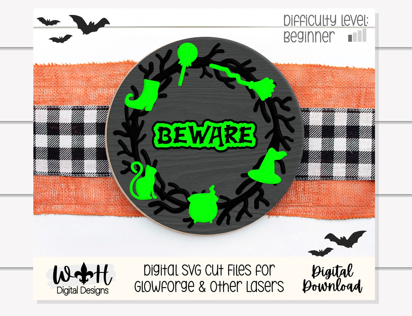 Boo Beware Halloween Wreath Door Hanger Round - Seasonal Sign Making and DIY Kits - Cut File For Glowforge Lasers - Digital SVG File