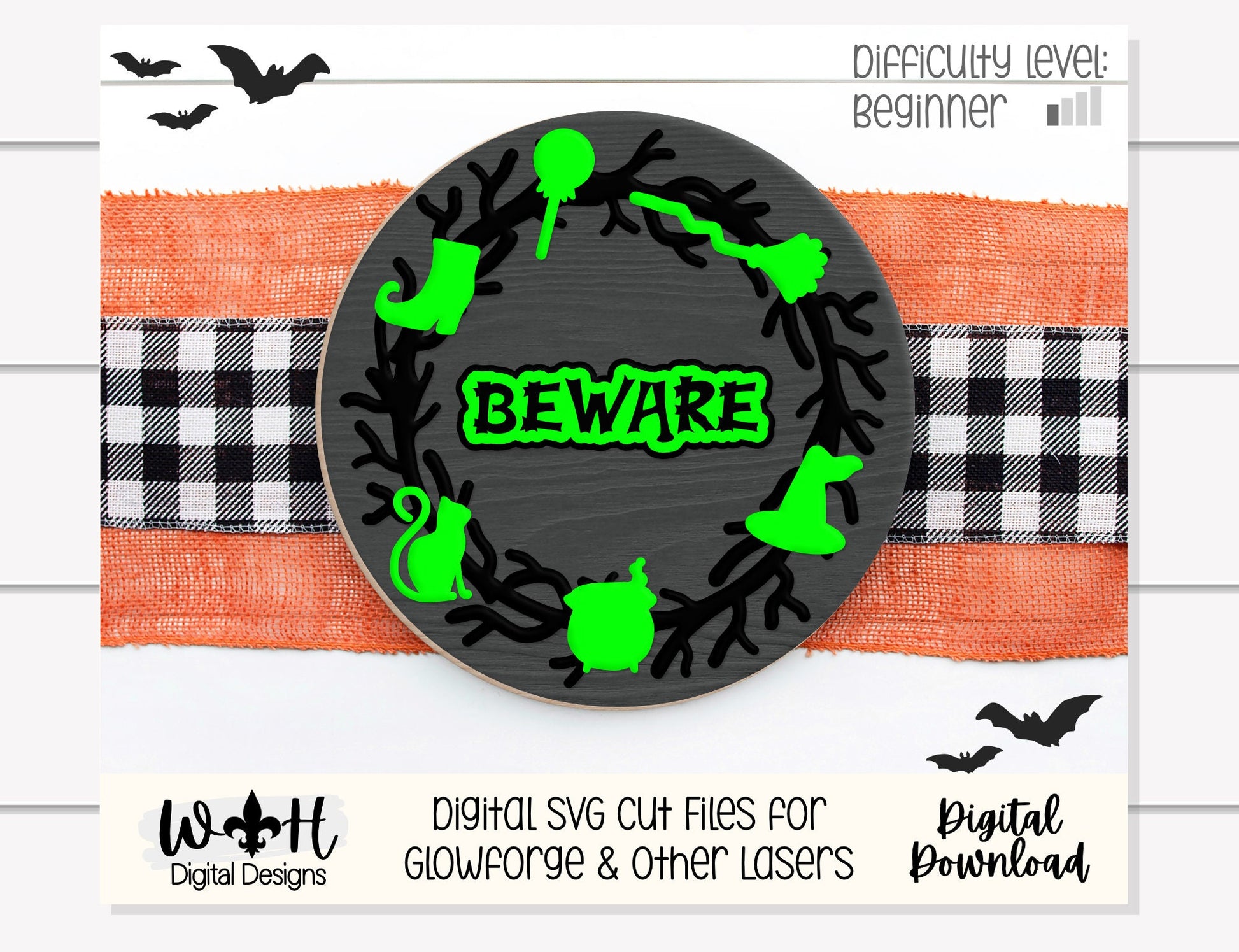 Boo Beware Halloween Wreath Door Hanger Round - Seasonal Sign Making and DIY Kits - Cut File For Glowforge Lasers - Digital SVG File