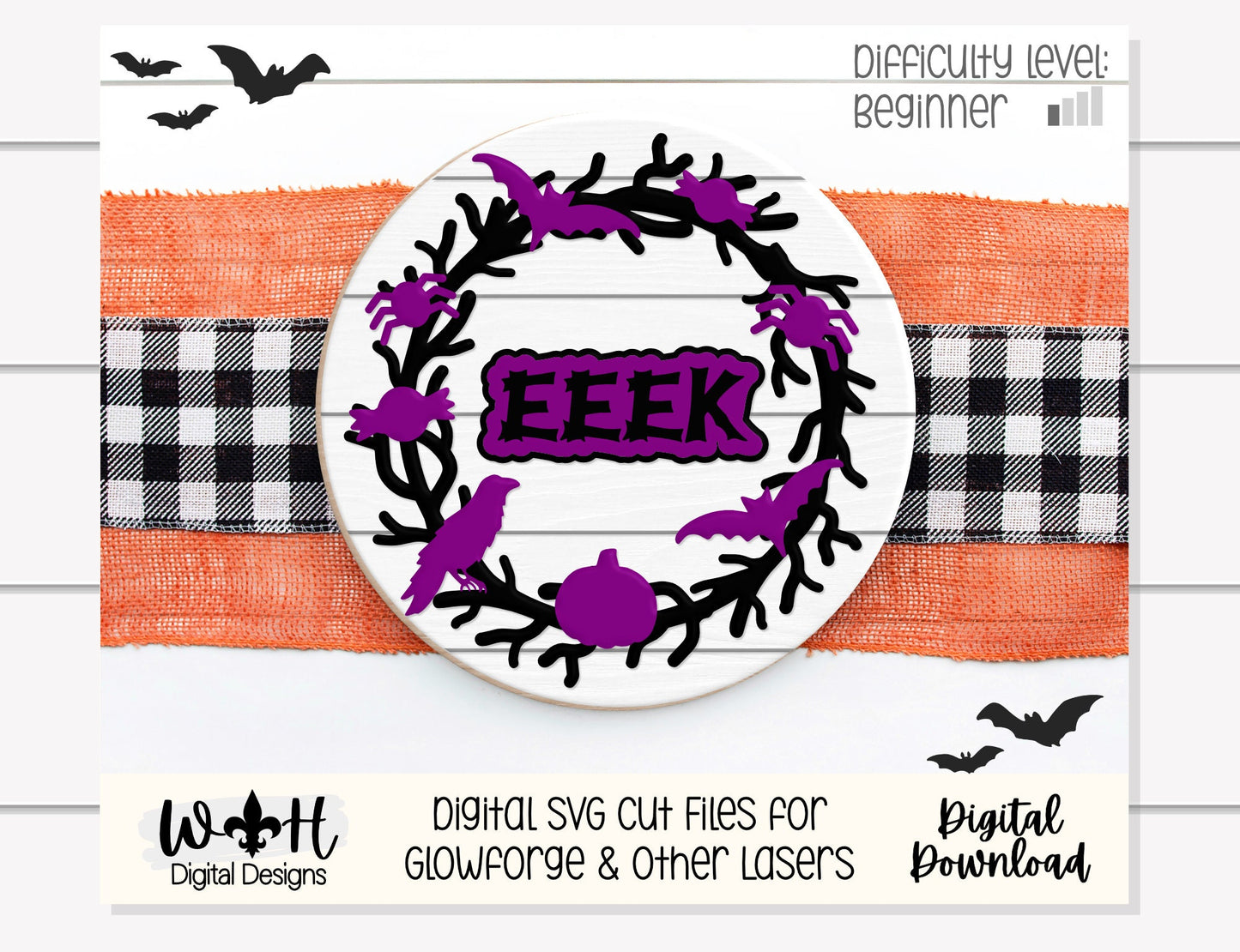 Eeek Eerie Halloween Wreath Door Hanger Round - Seasonal Sign Making and DIY Kits - Cut File For Glowforge Lasers - Digital SVG File