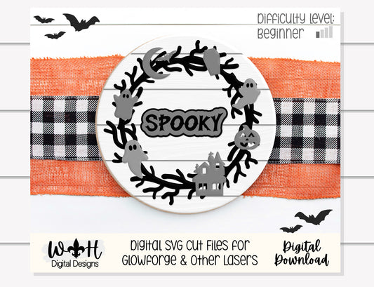Spooky Haunted Halloween Wreath Door Hanger Round - Seasonal Sign Making and DIY Kits - Cut File For Glowforge Lasers - Digital SVG File