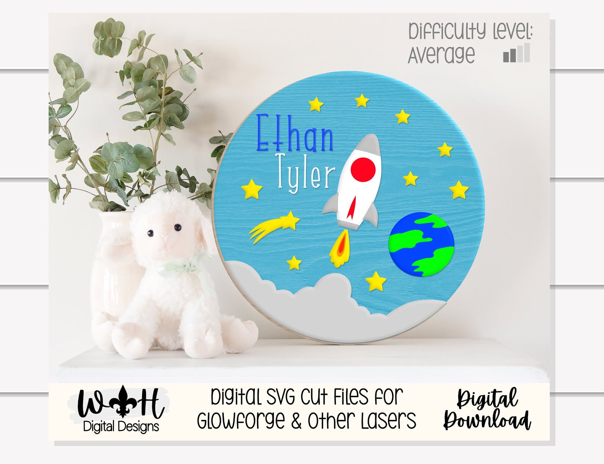 Rocket Ship Blast Off Space Baby Boy Nursery Round - Sign Making Home Decor and DIY Kits - Cut File For Glowforge Lasers - Digital SVG File