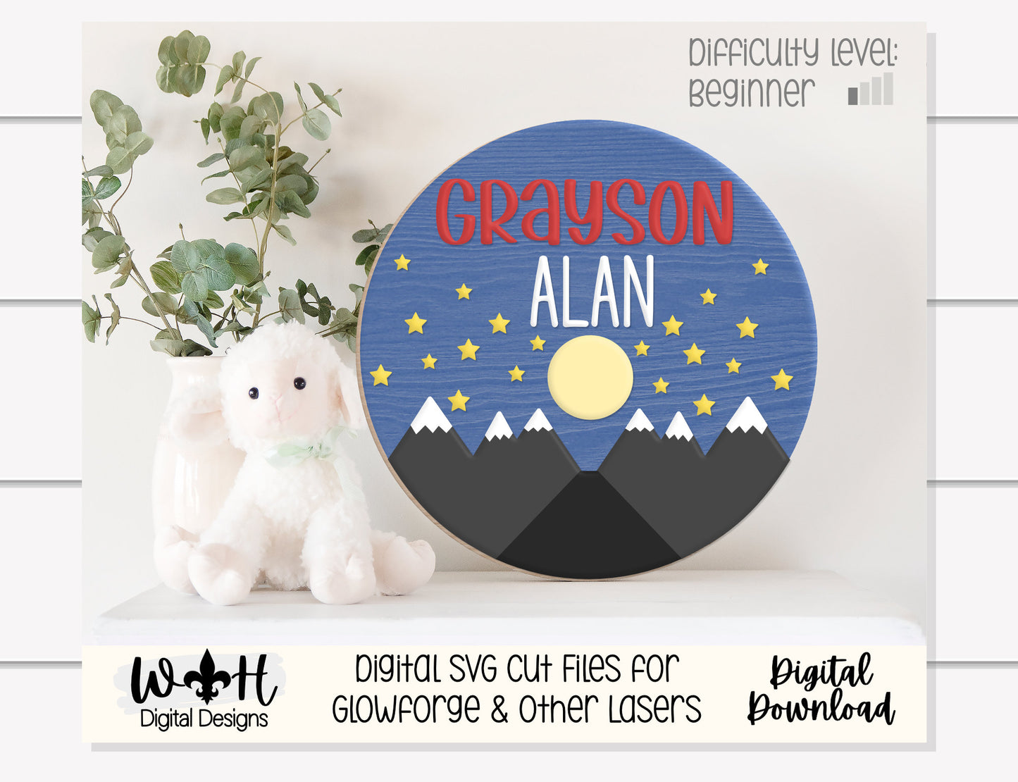 The Moonlit Mountain Nighttime Baby Nursery Round - Sign Making Home Decor and DIY Kits - Cut File For Glowforge Lasers - Digital SVG File