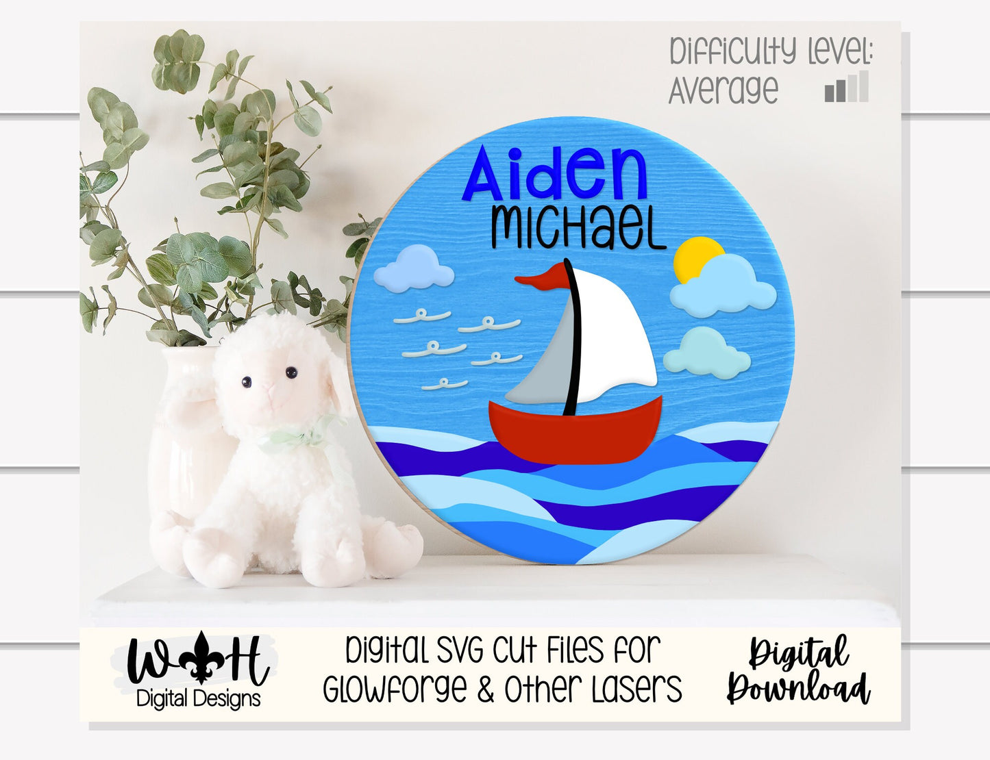 Ocean Waves Nautical Sailboat Baby Nursery Round - Sign Making Home Decor and DIY Kits - Cut File For Glowforge Lasers - Digital SVG File