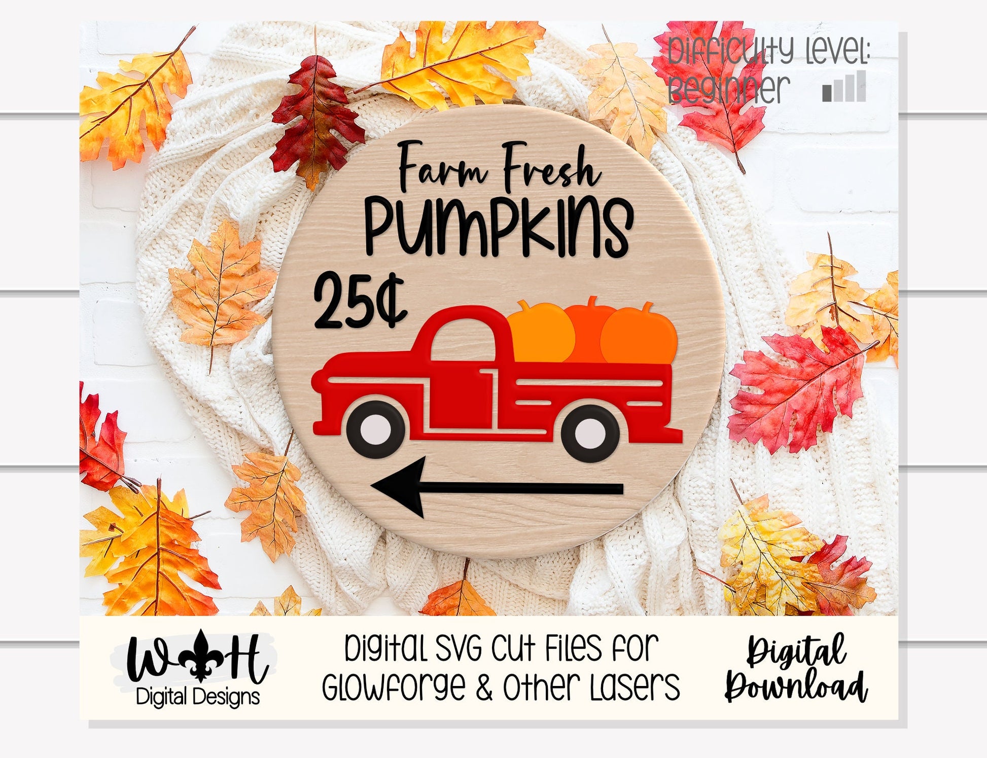 Farm Fresh Pumpkins With Truck Door Hanger Round - Seasonal Sign Making and DIY Kits - Cut File For Glowforge Laser - Digital SVG File