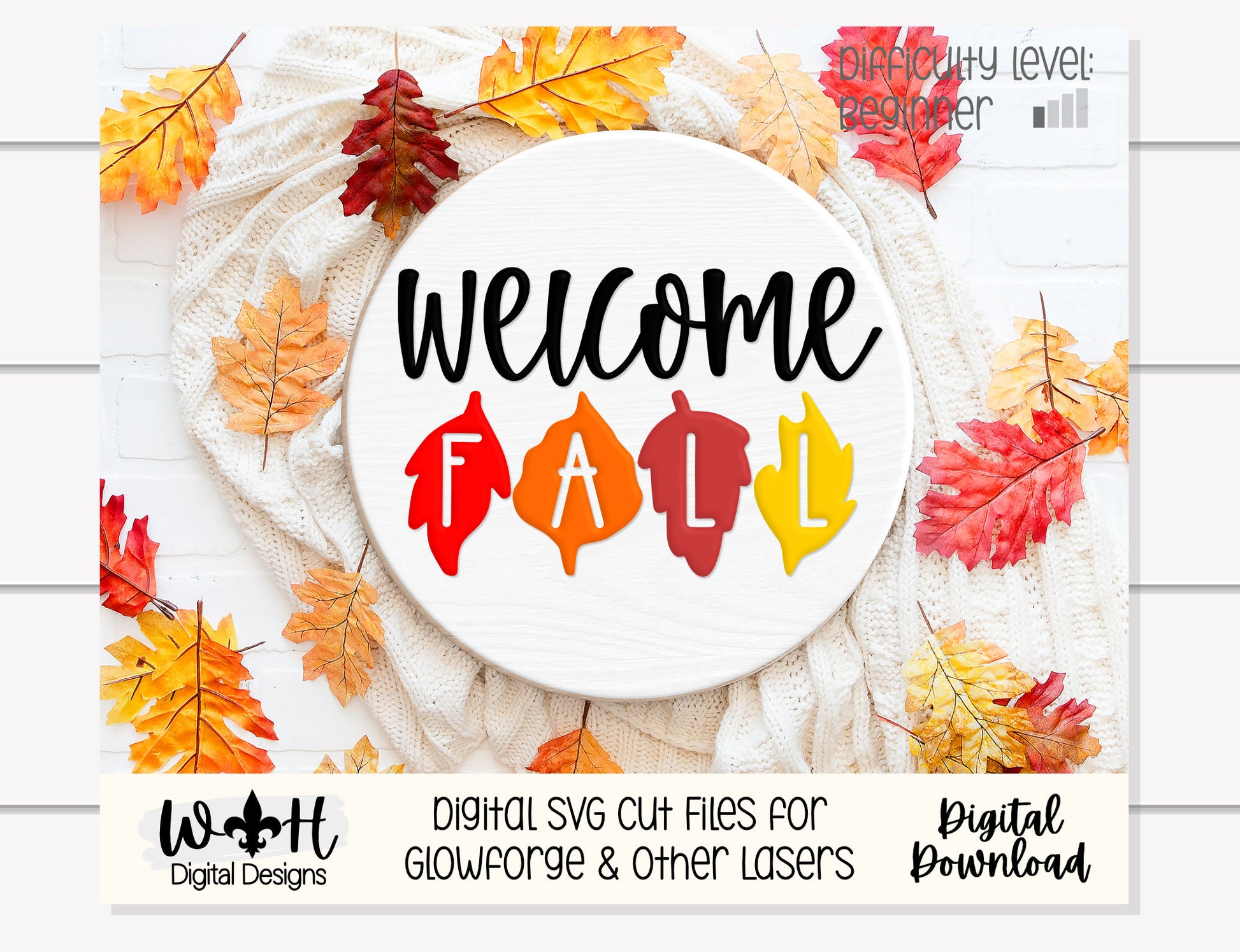 Welcome Fall In Leaves Door Hanger Round - Seasonal Sign Making and DIY Kits - Cut File For Glowforge Laser - Digital SVG File