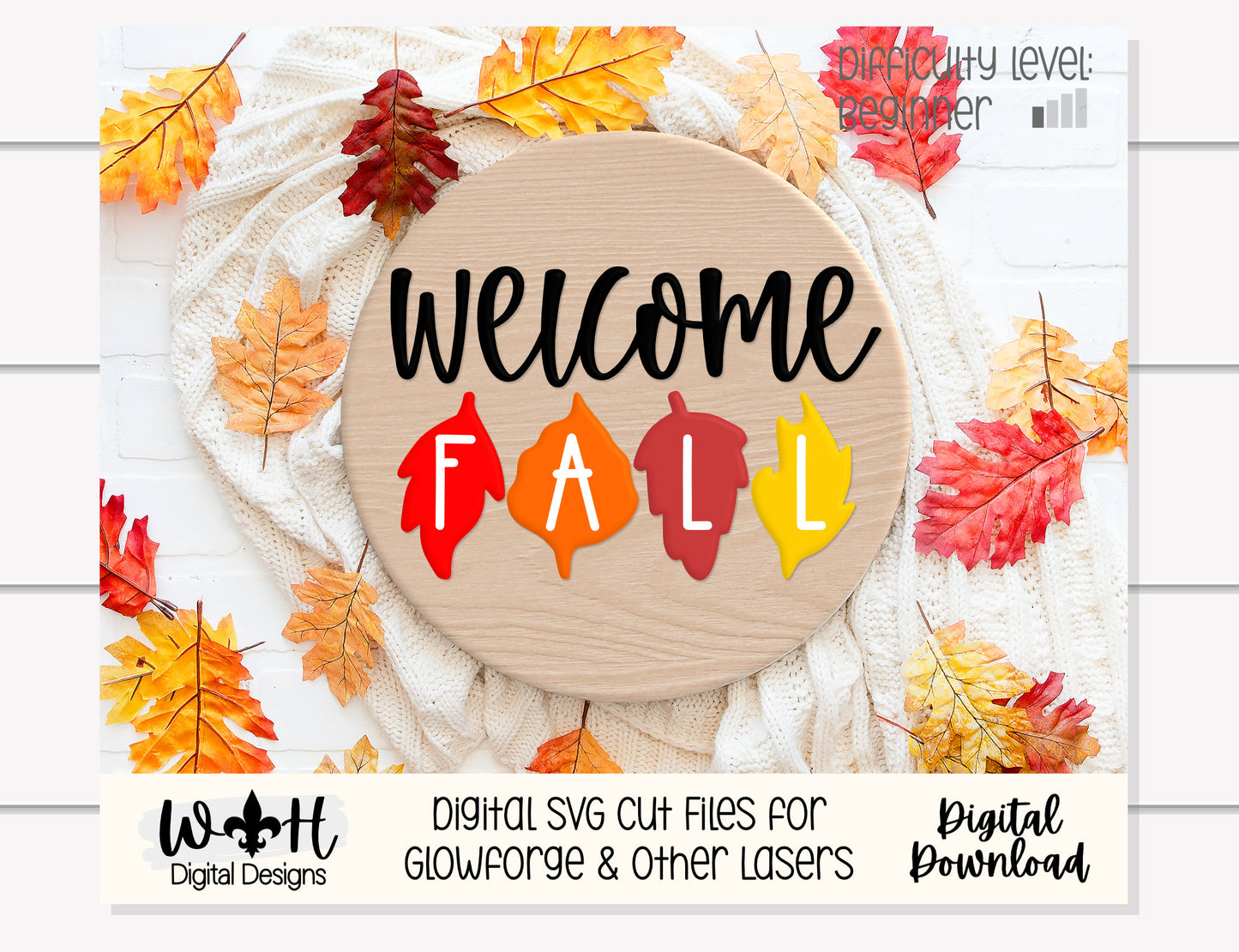 Welcome Fall In Leaves Door Hanger Round - Seasonal Sign Making and DIY Kits - Cut File For Glowforge Laser - Digital SVG File