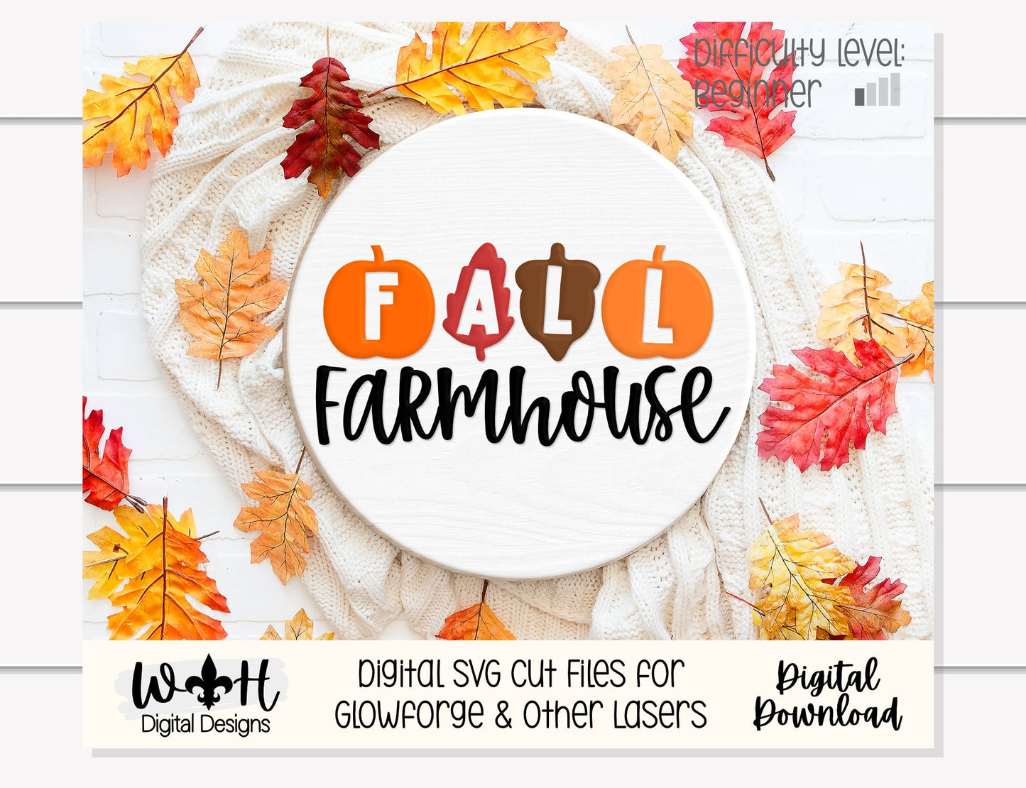 Fall Farmhouse In Pumpkins Door Hanger Round - Seasonal Sign Making and DIY Kits - Cut File For Glowforge Laser - Digital SVG File