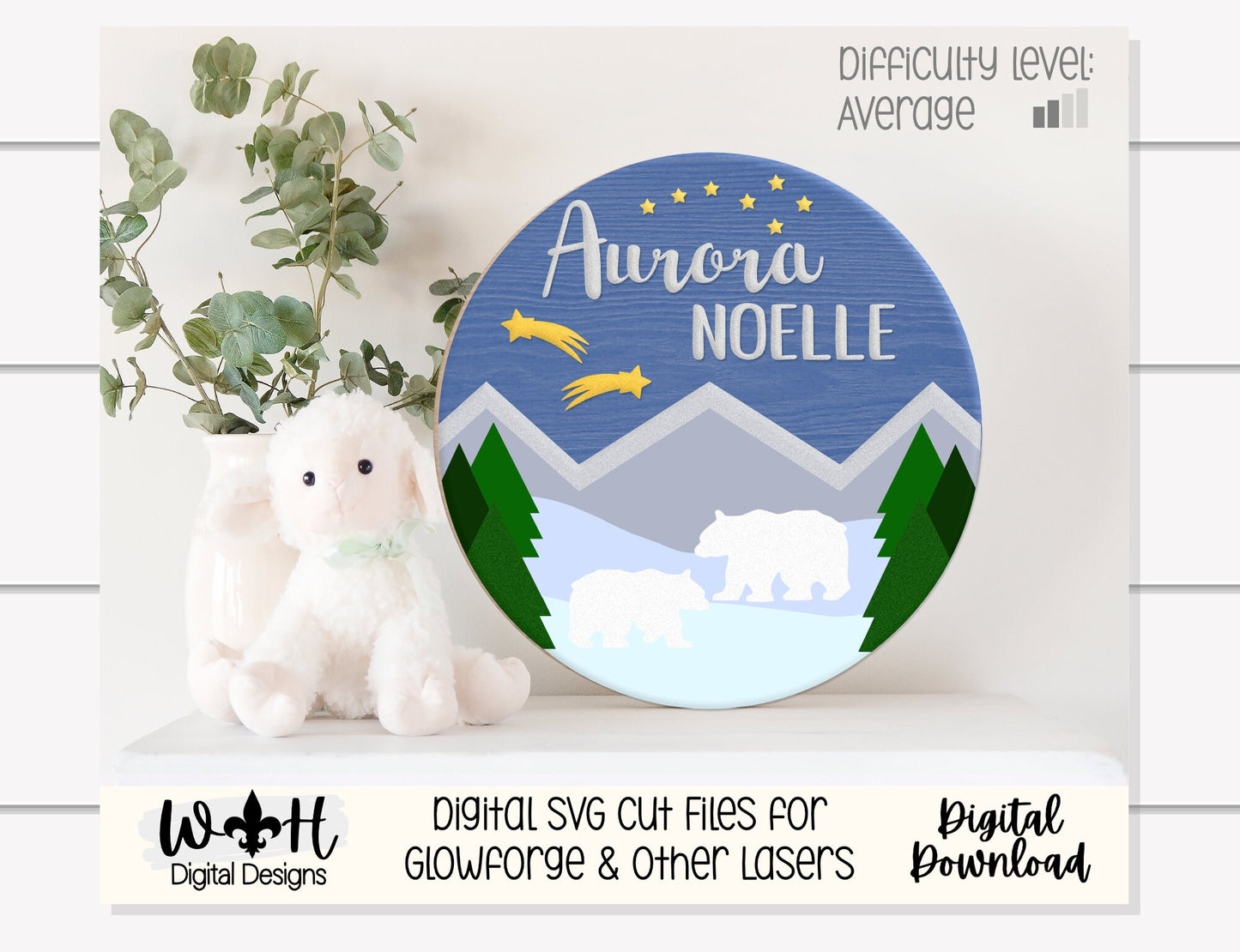 Polar Bear At Night Seasonal Door Hanger - Mountain Theme Sign For Baby Nursery - Files for Sign Making - Digital SVG Cut File For Glowforge