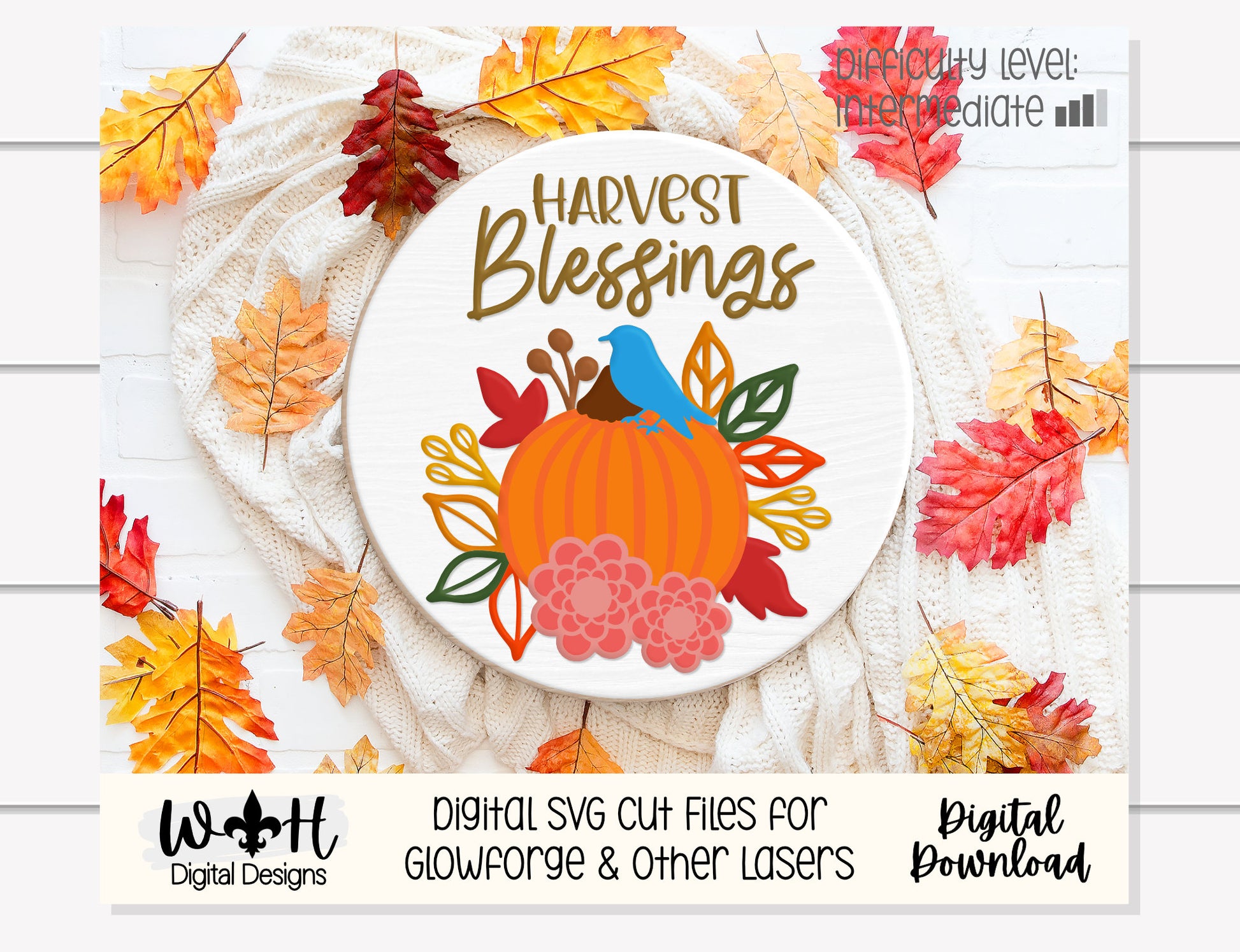 Harvest Blessings Pumpkin and Floral Door Hanger Round - Seasonal Sign Making and DIY Kits - Cut File For Glowforge Laser - Digital SVG File