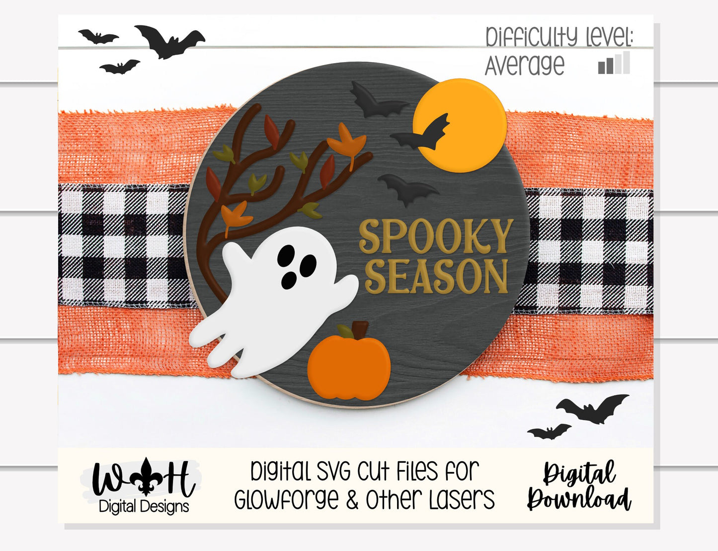 Spooky Season Ghost Halloween Door Hanger Round - Seasonal Sign Making and DIY Kits - Cut File For Glowforge Lasers - Digital SVG File