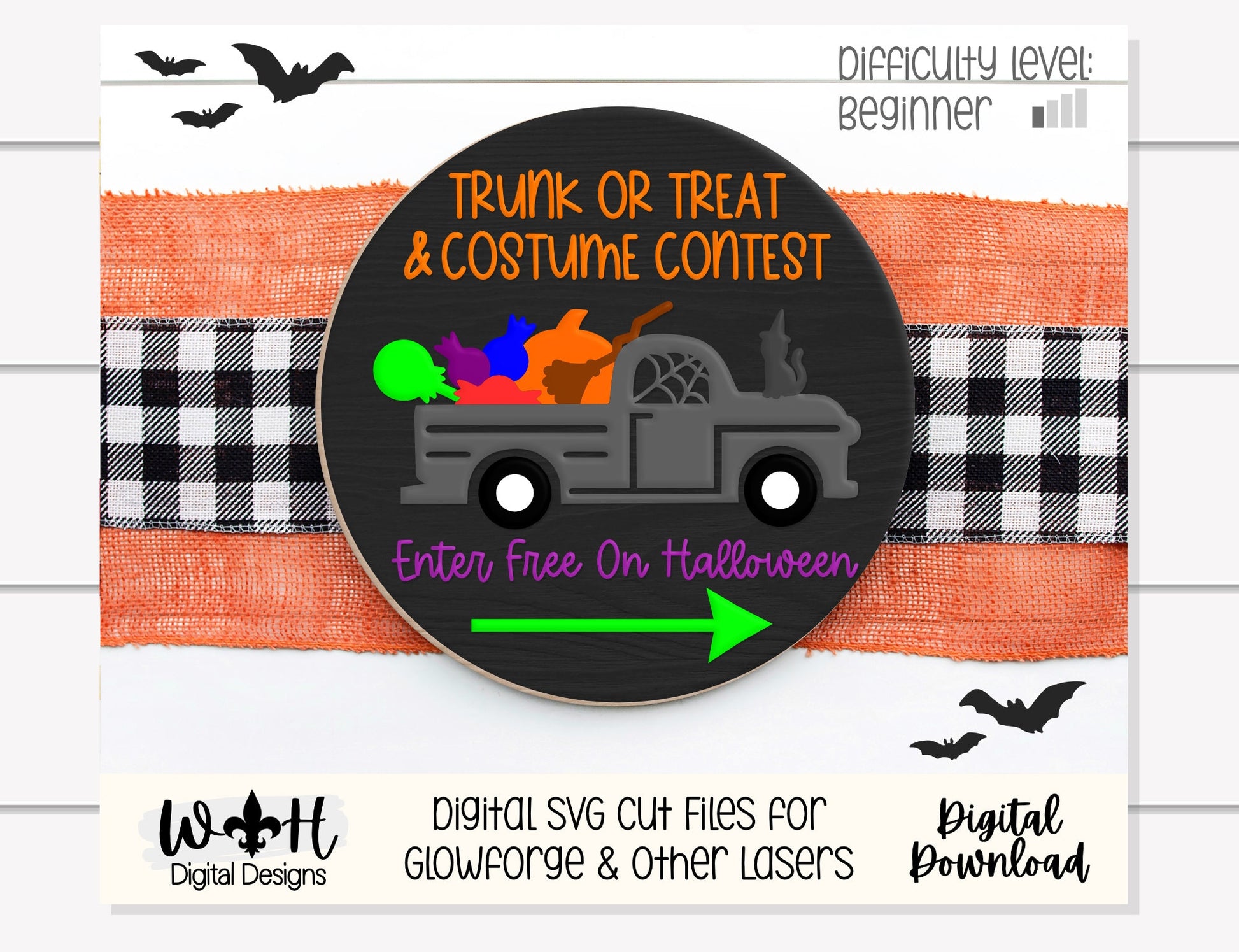 Trunk or Treat and Costume Contest Halloween Round - Seasonal Sign Making and DIY Kits - Cut File For Glowforge Lasers - Digital SVG File