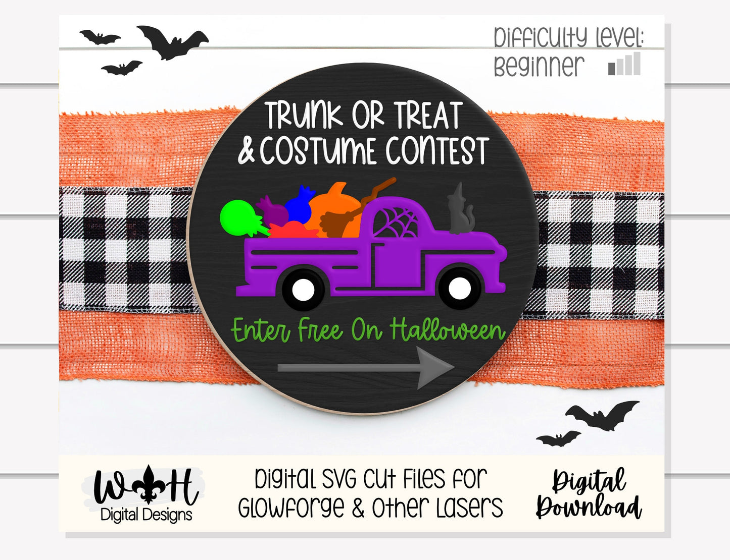 Trunk or Treat and Costume Contest Halloween Round - Seasonal Sign Making and DIY Kits - Cut File For Glowforge Lasers - Digital SVG File