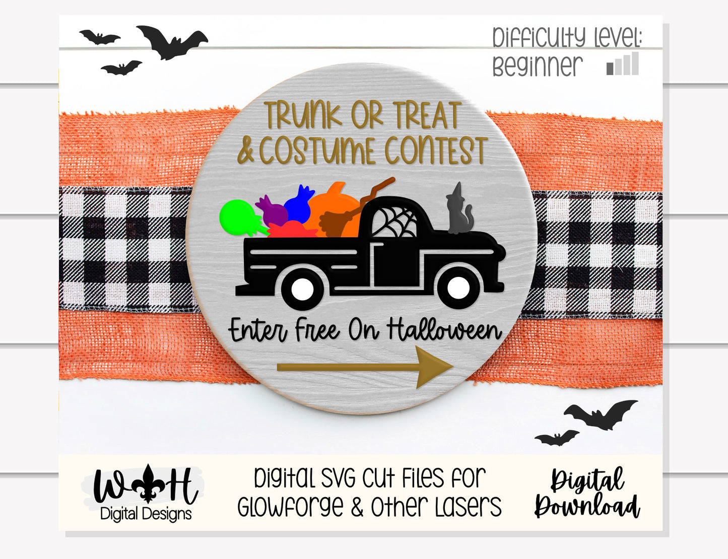 Trunk or Treat and Costume Contest Halloween Round - Seasonal Sign Making and DIY Kits - Cut File For Glowforge Lasers - Digital SVG File