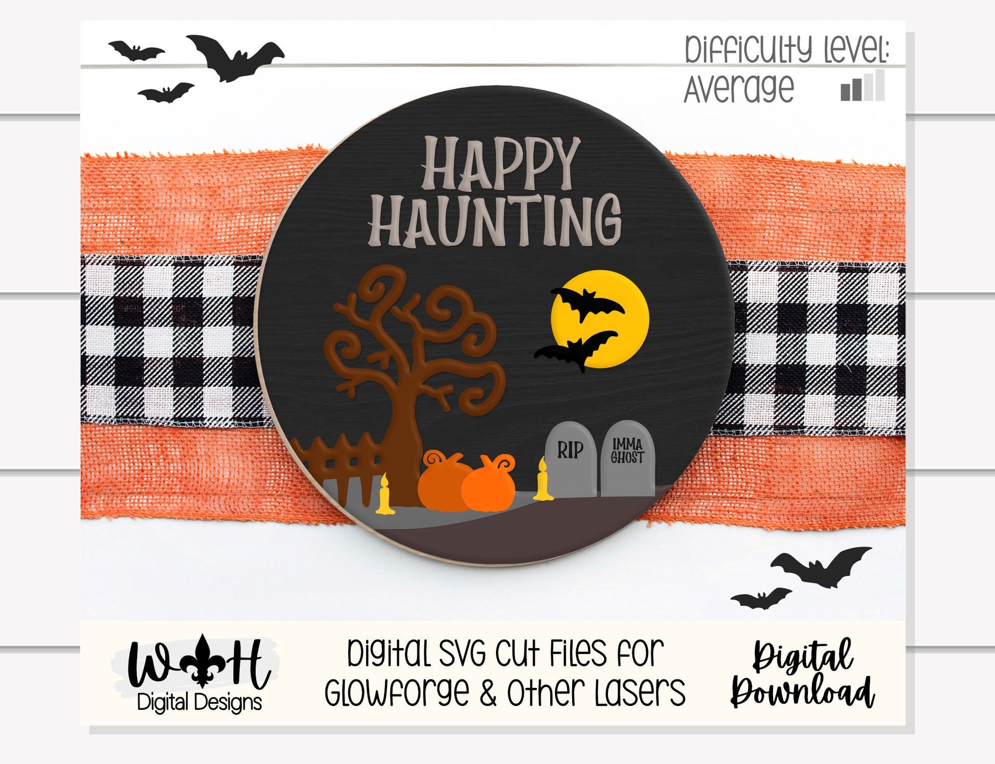 Happy Haunting Graveyard Halloween Door Hanger Round - Seasonal Sign Making and DIY Kits - Cut File For Glowforge Lasers - Digital SVG File