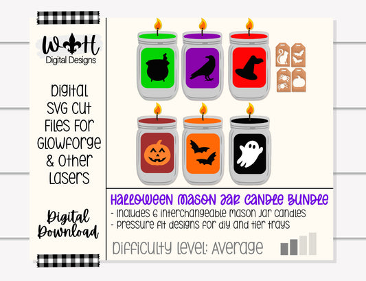 Halloween Interchangeable Mason Jar Candle Bundle - Tiered Tray Decor and DIY Kits - Cut File For Glowforge Lasers - Digital SVG File