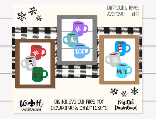 Winter Stacked Coffee Mugs Farmhouse Frame Sign Bundle - Tiered Tray Decor and DIY Kits - Cut File For Glowforge Lasers - Digital SVG File