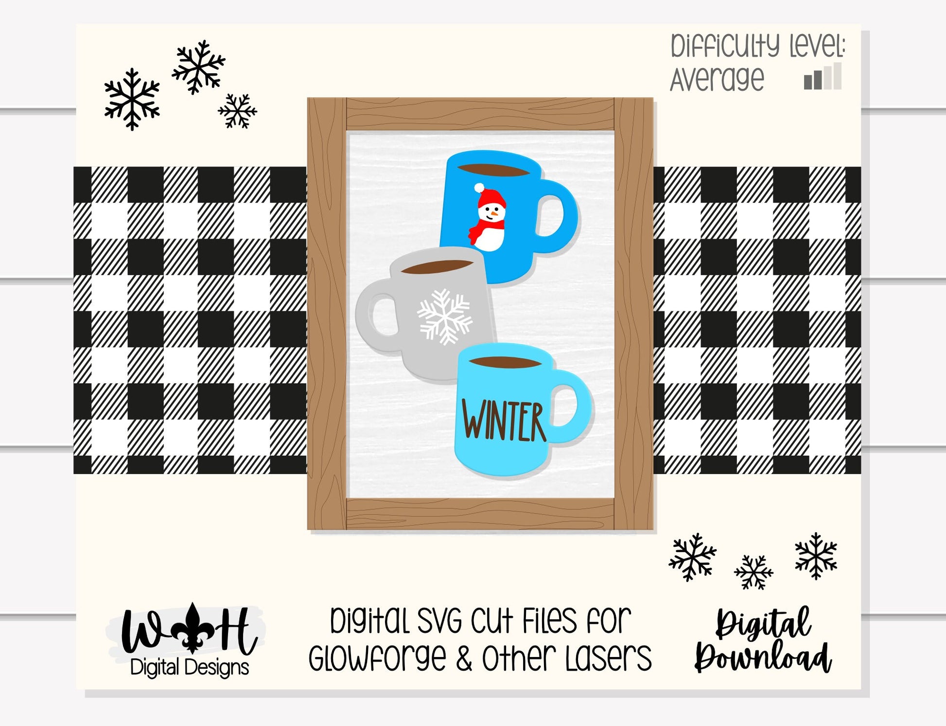 Winter Stacked Coffee Mugs Farmhouse Frame Sign - Seasonal Tiered Tray Decor and DIY Kits - Cut File For Glowforge Lasers - Digital SVG File