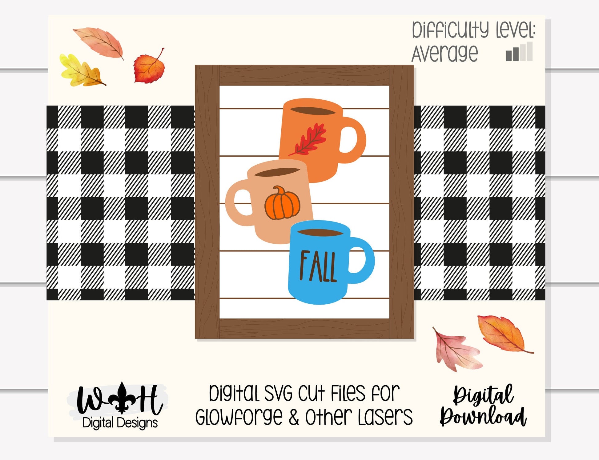 Fall Stacked Coffee Mugs Farmhouse Frame Sign - Autumn Tiered Tray Decor and DIY Kits - Cut File For Glowforge Lasers - Digital SVG File