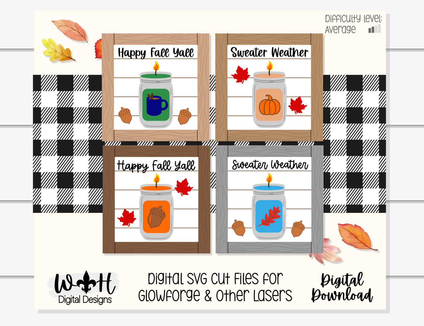 Autumn Mason Jar Candle Farmhouse Frame Sign Bundle - Tiered Tray Decor and DIY Kits - Cut File For Glowforge Lasers - Digital SVG File