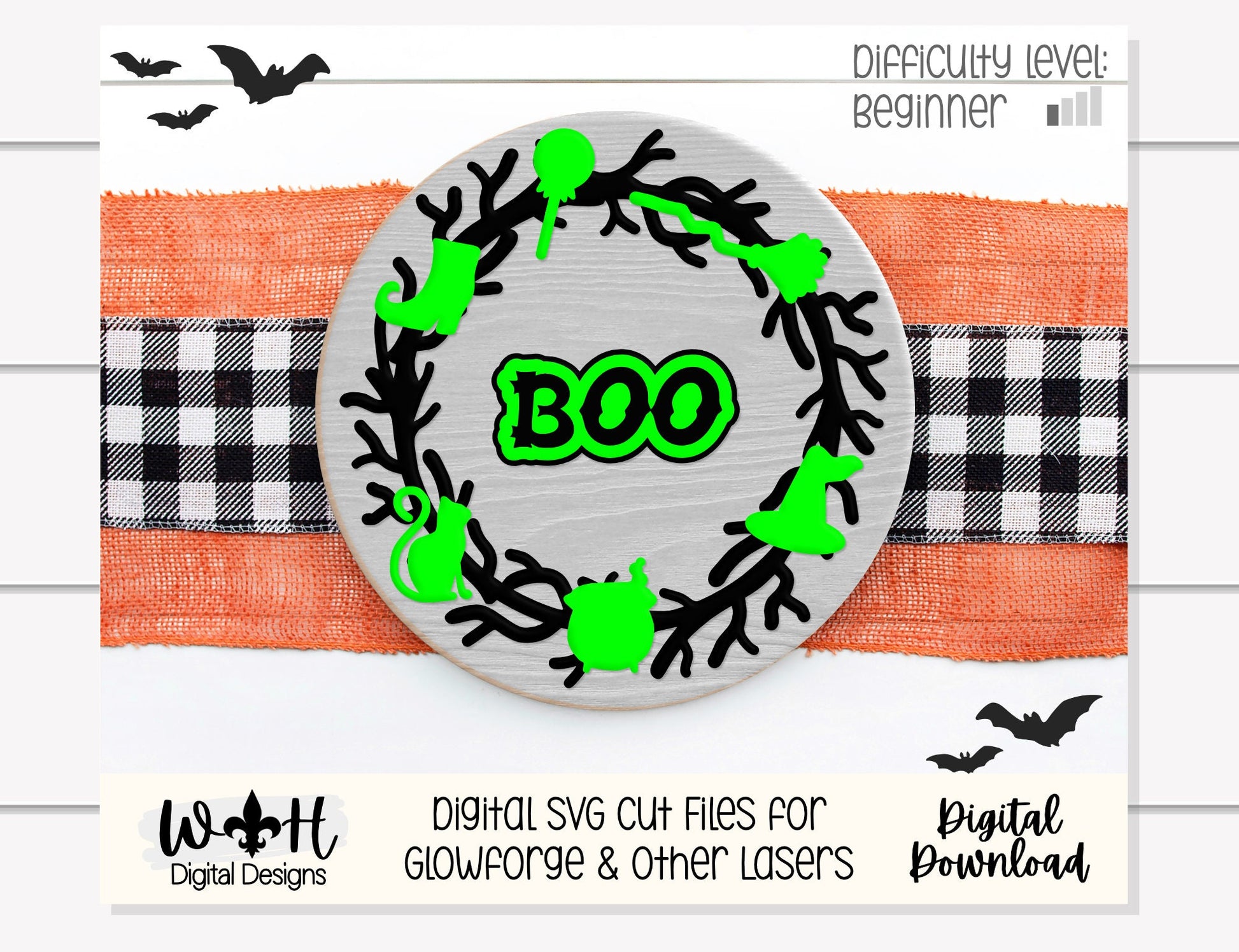 Boo Beware Halloween Wreath Door Hanger Round - Seasonal Sign Making and DIY Kits - Cut File For Glowforge Lasers - Digital SVG File