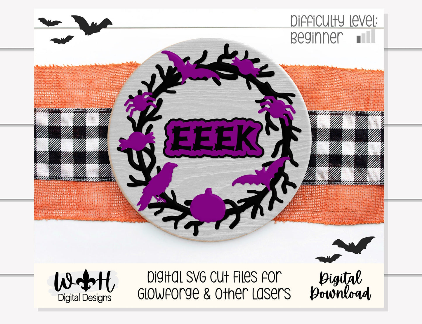 Eeek Eerie Halloween Wreath Door Hanger Round - Seasonal Sign Making and DIY Kits - Cut File For Glowforge Lasers - Digital SVG File