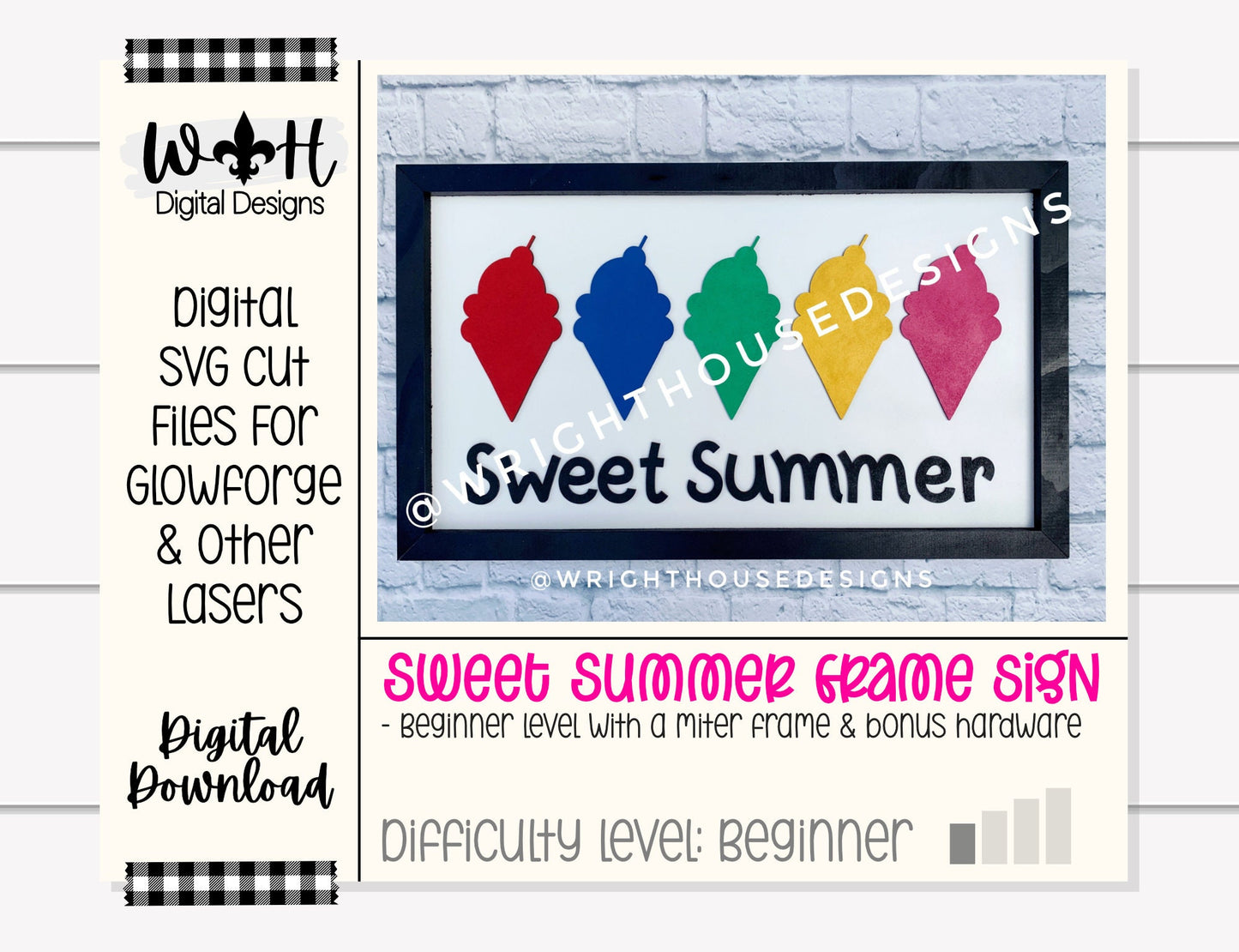 Sweet Summer Rainbow Ice Cream Cone Seasonal Frame Sign - Sign Making and DIY Kits - Cut File For Glowforge Lasers - Digital SVG File