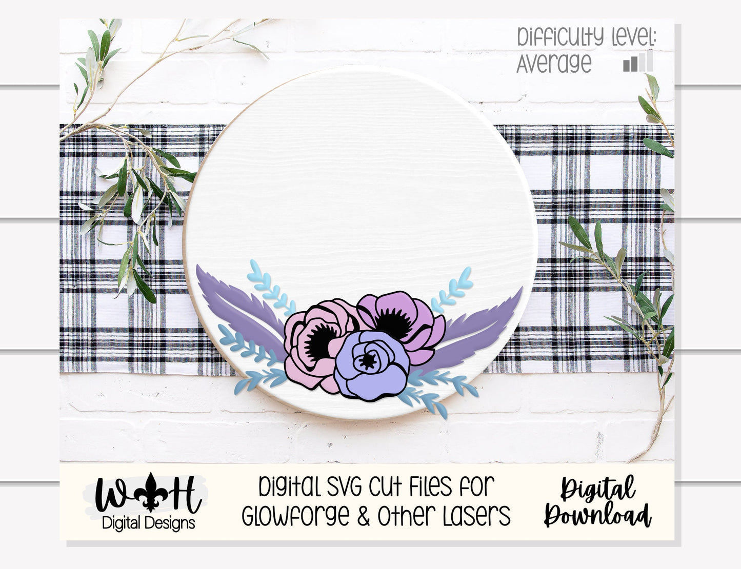 Feathers and Flowers Farmhouse Floral Round - Spring Sign Making and DIY Kits - Layered Cut File For Glowforge Laser - Digital SVG File