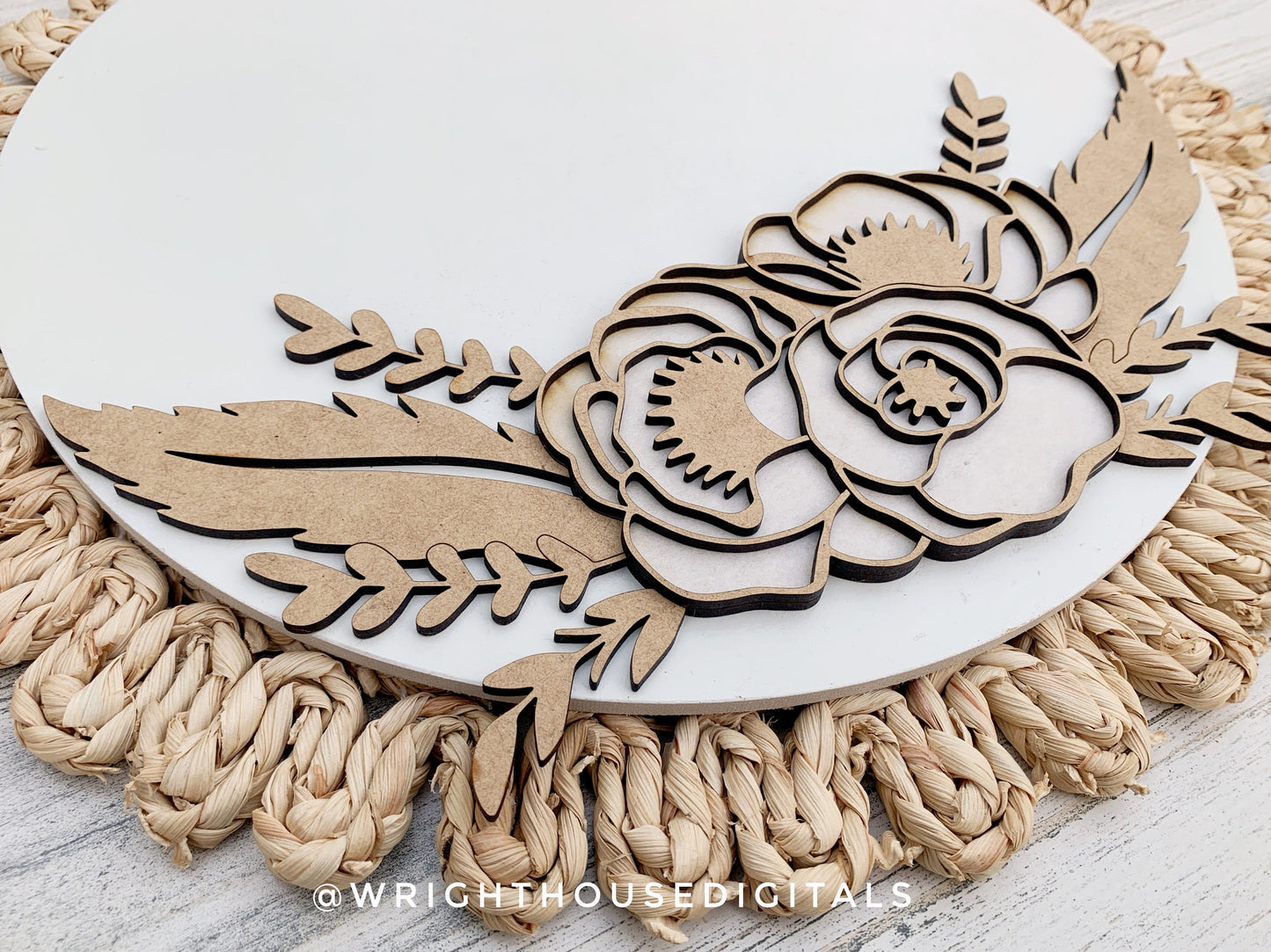 Feathers and Flowers Farmhouse Floral Round - Spring Sign Making and DIY Kits - Layered Cut File For Glowforge Laser - Digital SVG File