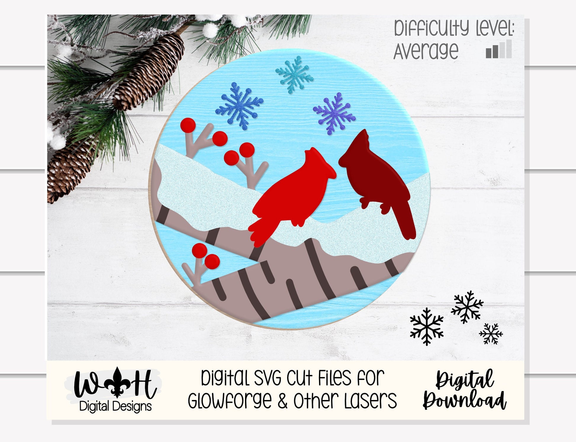 Winter Cardinals Christmas Memorial Round Sign - Sign Making and DIY Kits - Single Line Cut File For Glowforge Lasers - Digital SVG File