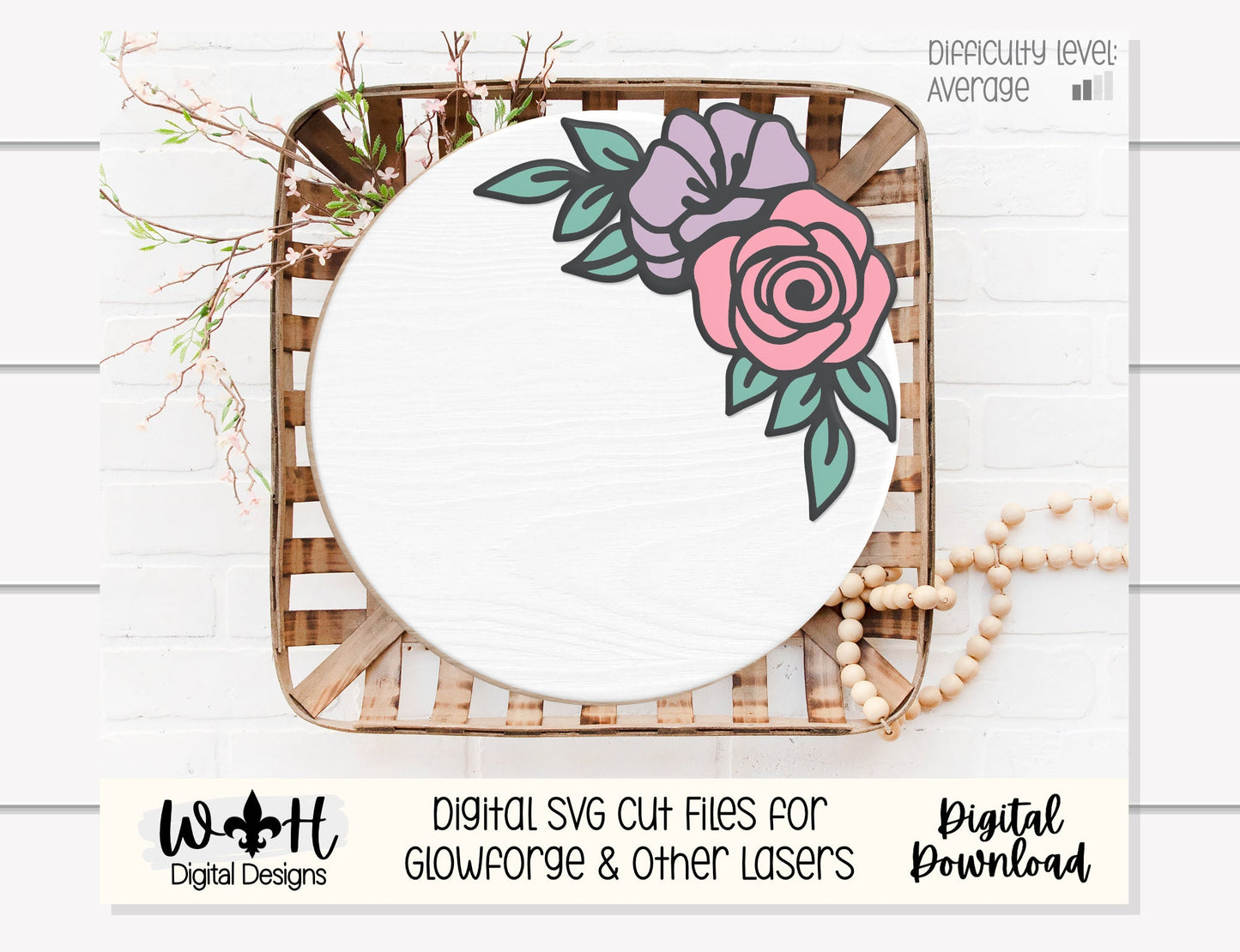 Lily and Rose Outline Floral - Spring Door Hanger - Flowers For Sign Making and DIY Kits - Cut File For Glowforge Laser - Digital SVG File