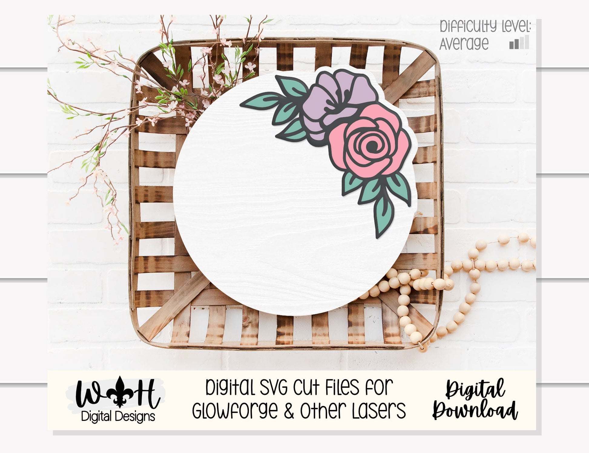 Lily and Rose Outline Floral - Spring Door Hanger - Flowers For Sign Making and DIY Kits - Cut File For Glowforge Laser - Digital SVG File