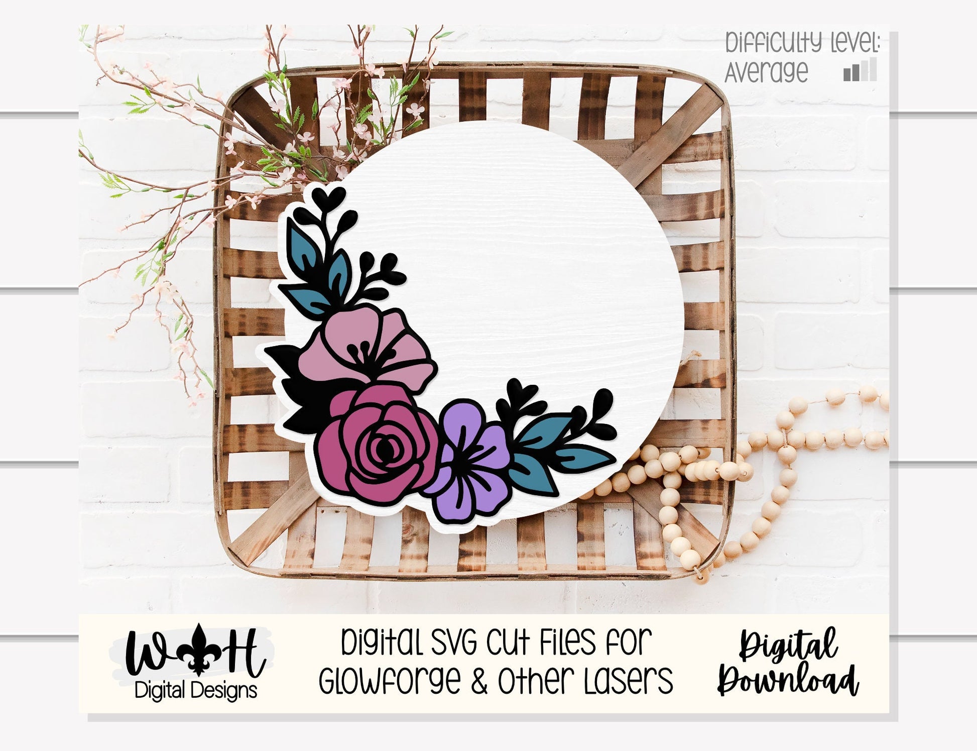 Lily and Sage Rose Outline Floral - Spring Door Hanger - Flowers For Sign Making and DIY Kits - Digital SVG Cut File For Glowforge Lasers