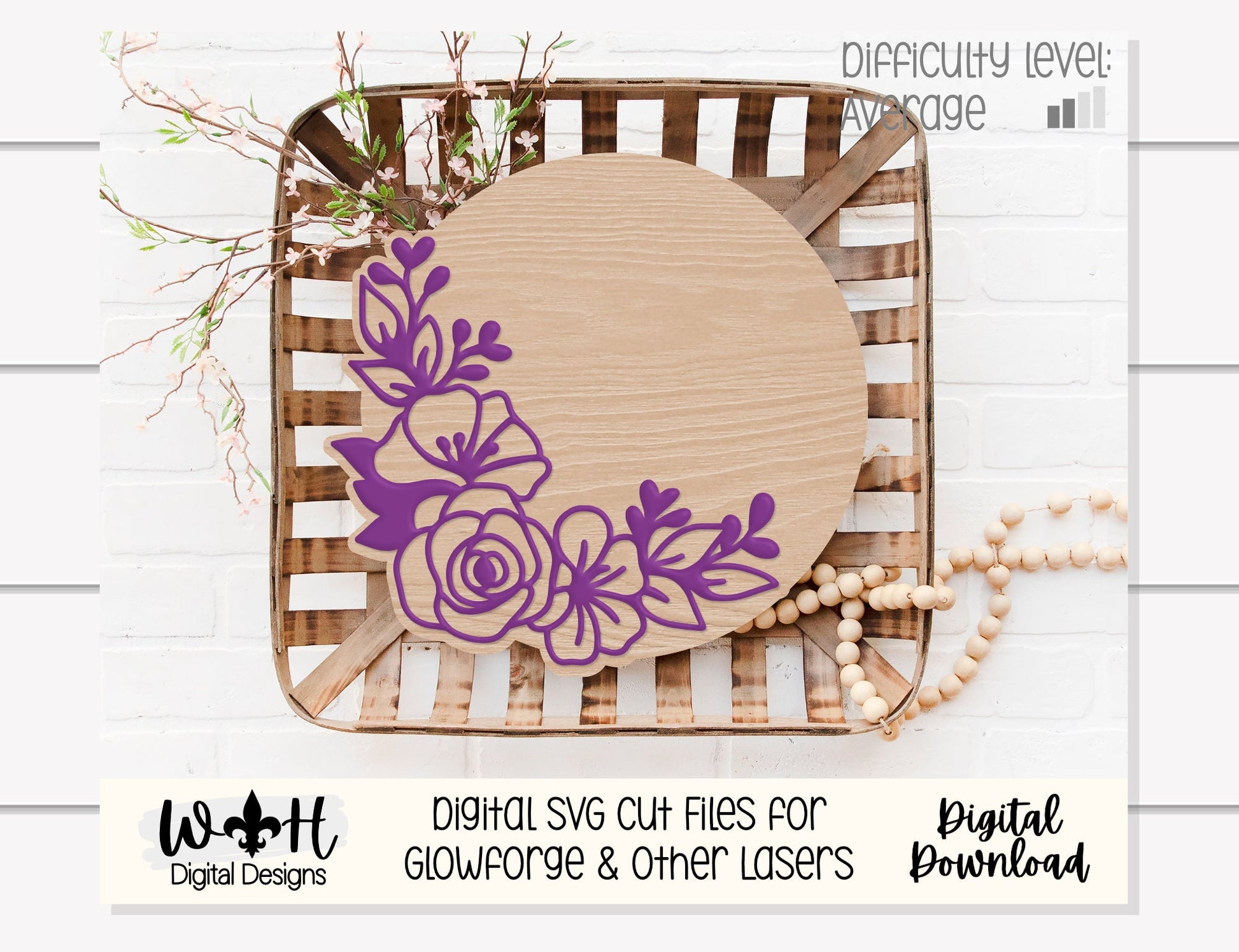 Lily and Sage Rose Outline Floral - Spring Door Hanger - Flowers For Sign Making and DIY Kits - Digital SVG Cut File For Glowforge Lasers