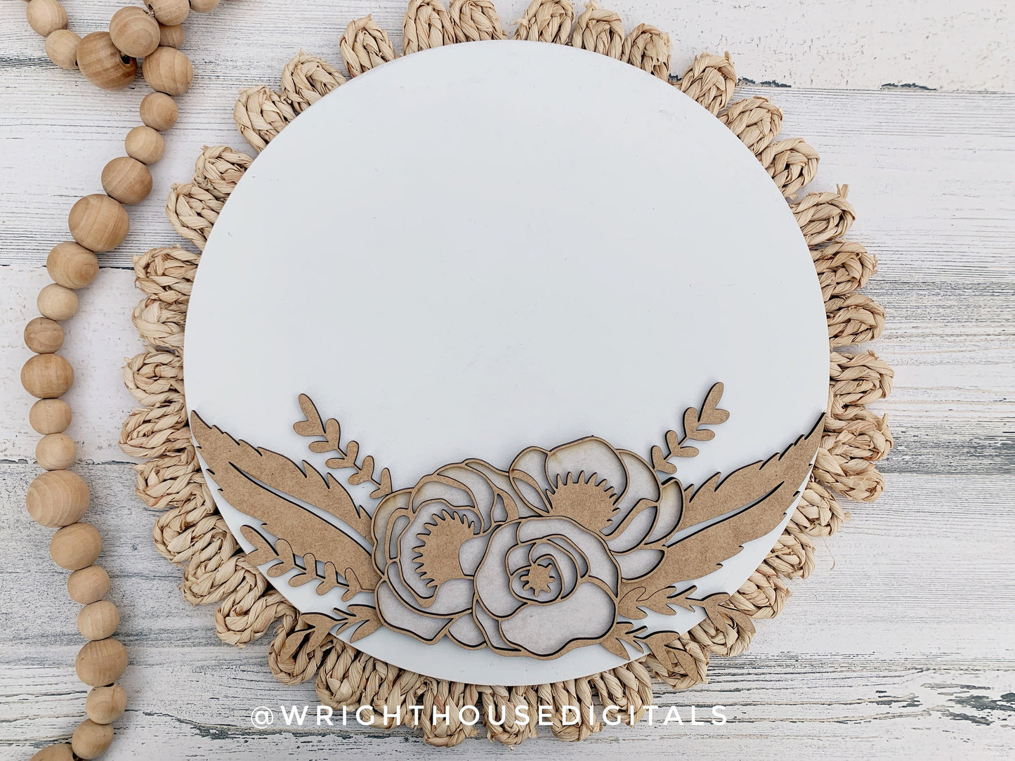 Feathers and Flowers Farmhouse Floral Round - Spring Sign Making and DIY Kits - Layered Cut File For Glowforge Laser - Digital SVG File