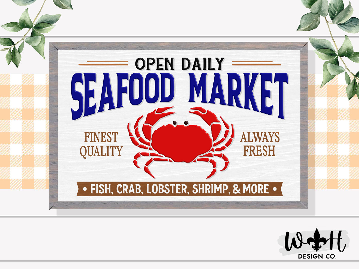 Open Daily Seafood Market Fish Crab Lobster - Summer Coffee Bar Sign - Modern Farmhouse Sign - Home and Kitchen Decor - Wood Framed Wall Art