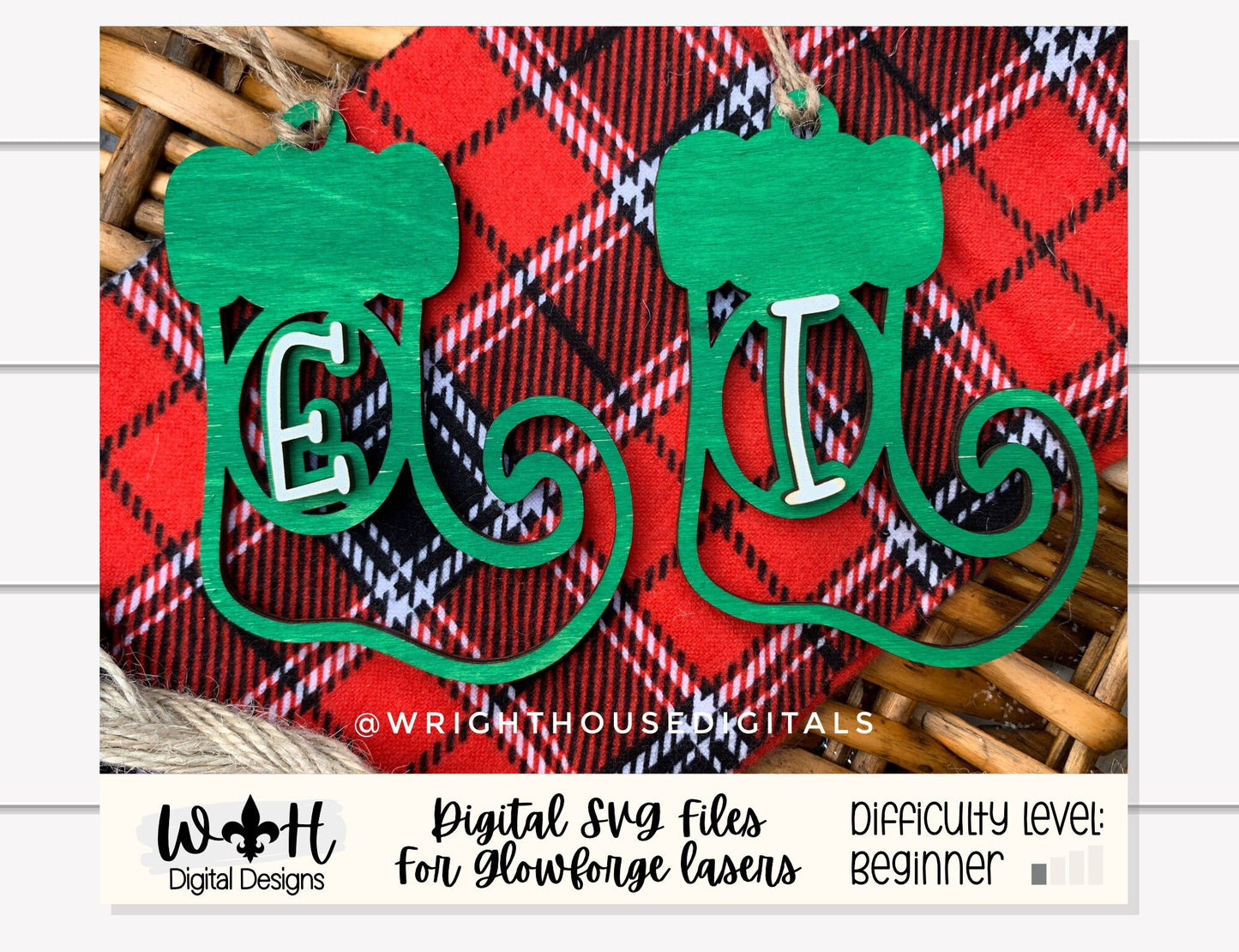 Elf Slipper Monogram Stocking Tags Christmas Ornament Bundle - Quick Cut Gift Bag Tag Set - Cut File For Glowforge Lasers - Digital SVG File